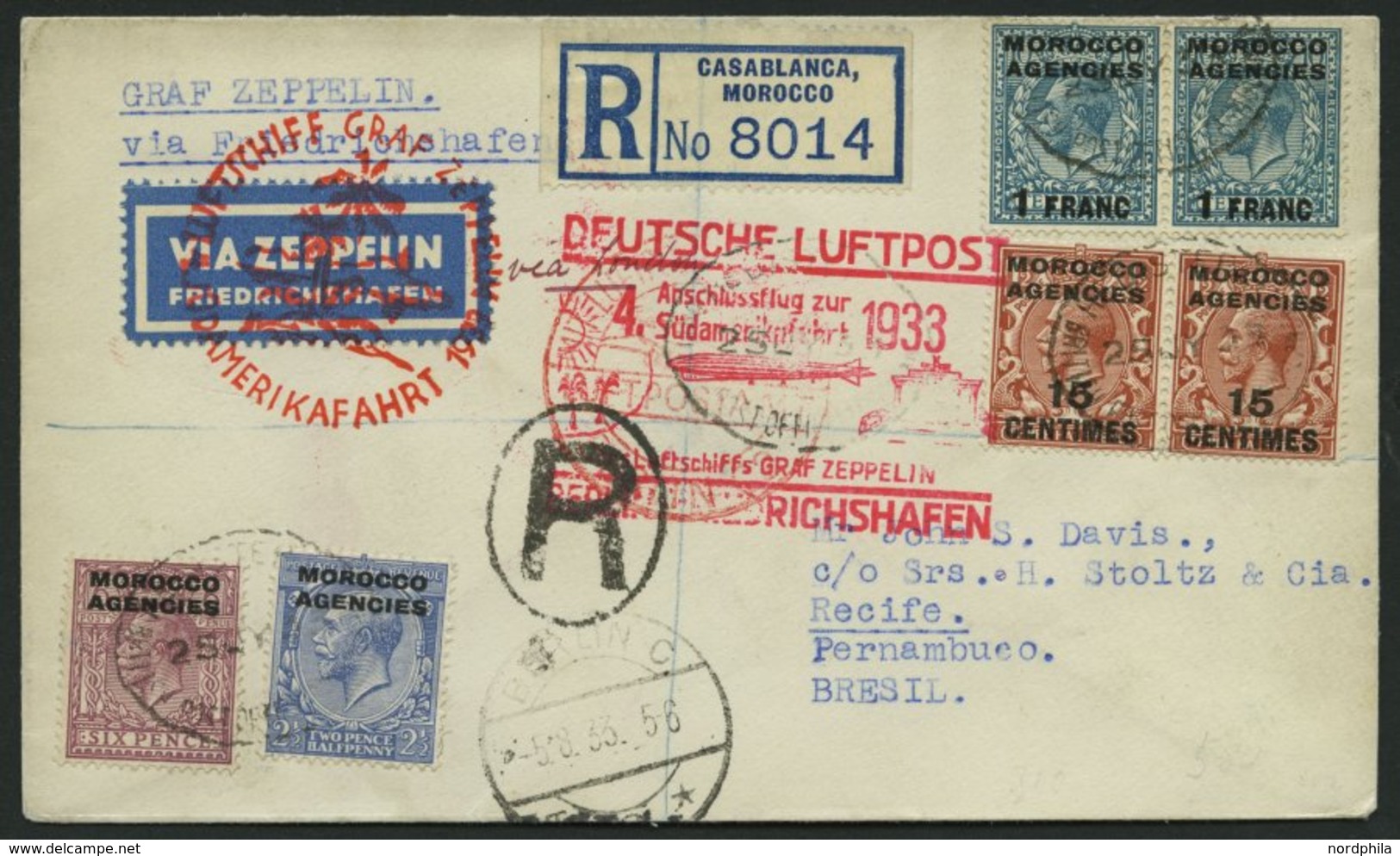 ZULEITUNGSPOST 223B BRIEF, Britische Post In Marokko (Tanger): 1933, 4. Südamerikafahrt, Anschlussflug Ab Berlin, Einsch - Zeppeline