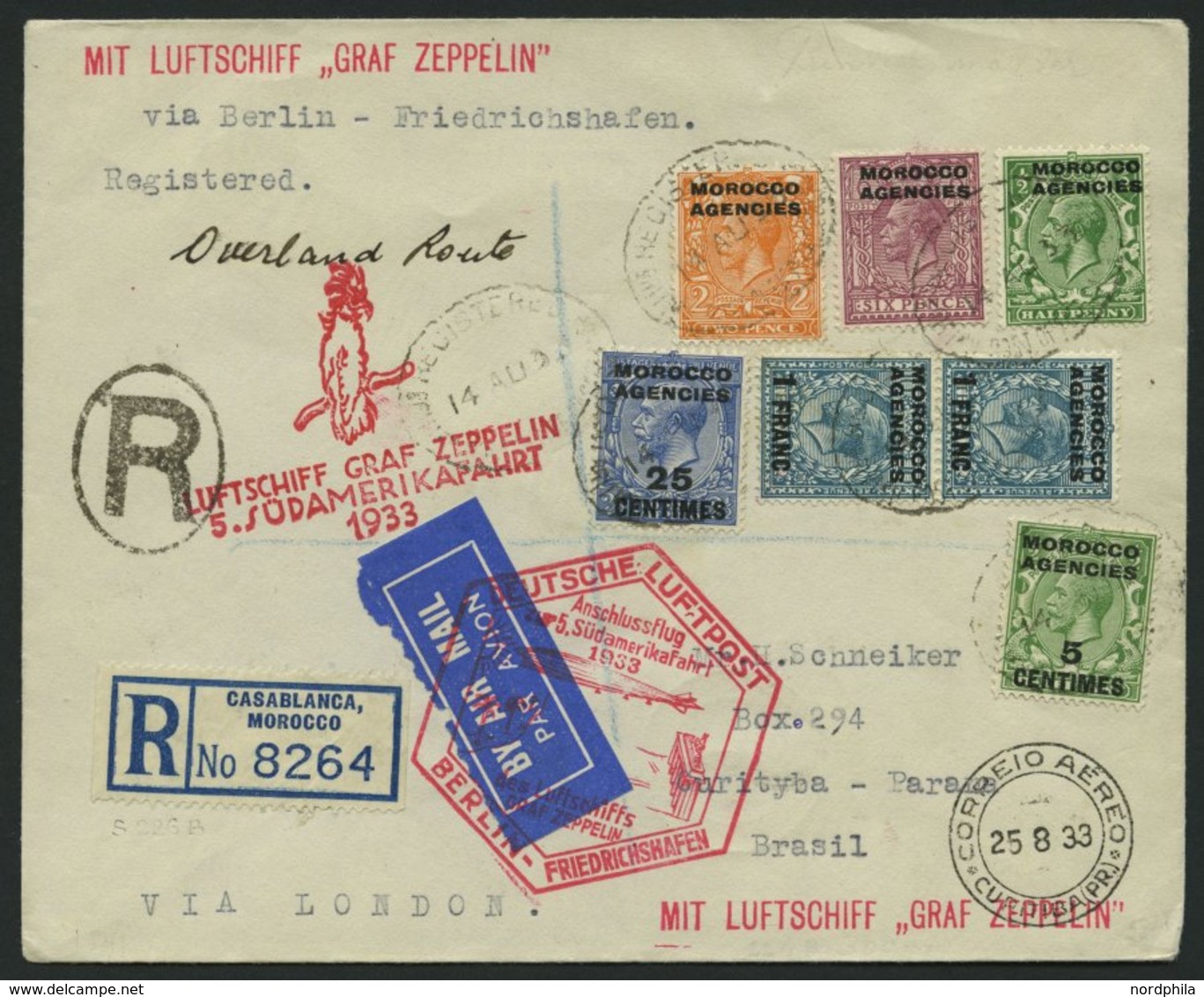 ZULEITUNGSPOST 226B BRIEF, Britische Post In Marokko (Französische Zone): 1933, 5. Südamerikafahrt, Anschlußflug Ab Berl - Zeppeline