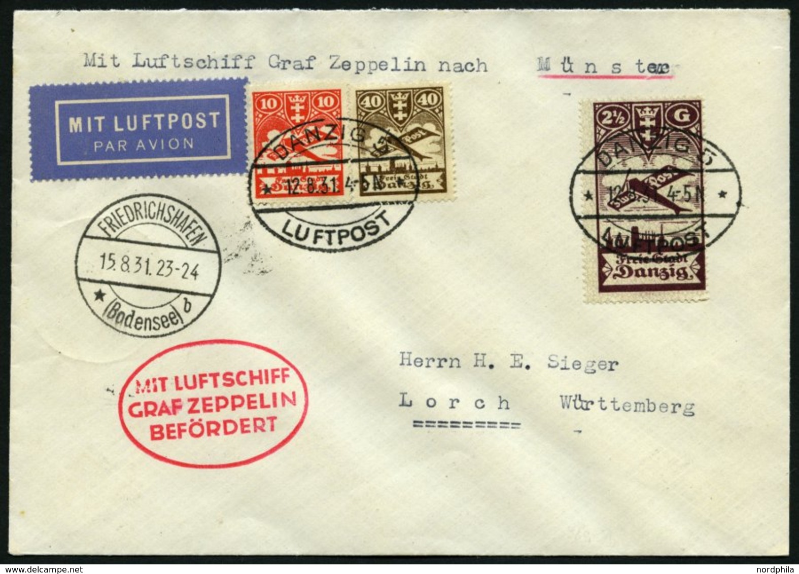 ZULEITUNGSPOST 121B BRIEF, Danzig: 1931, Fahrt Friedrichshafen-Münster, Prachtbrief - Zeppelines