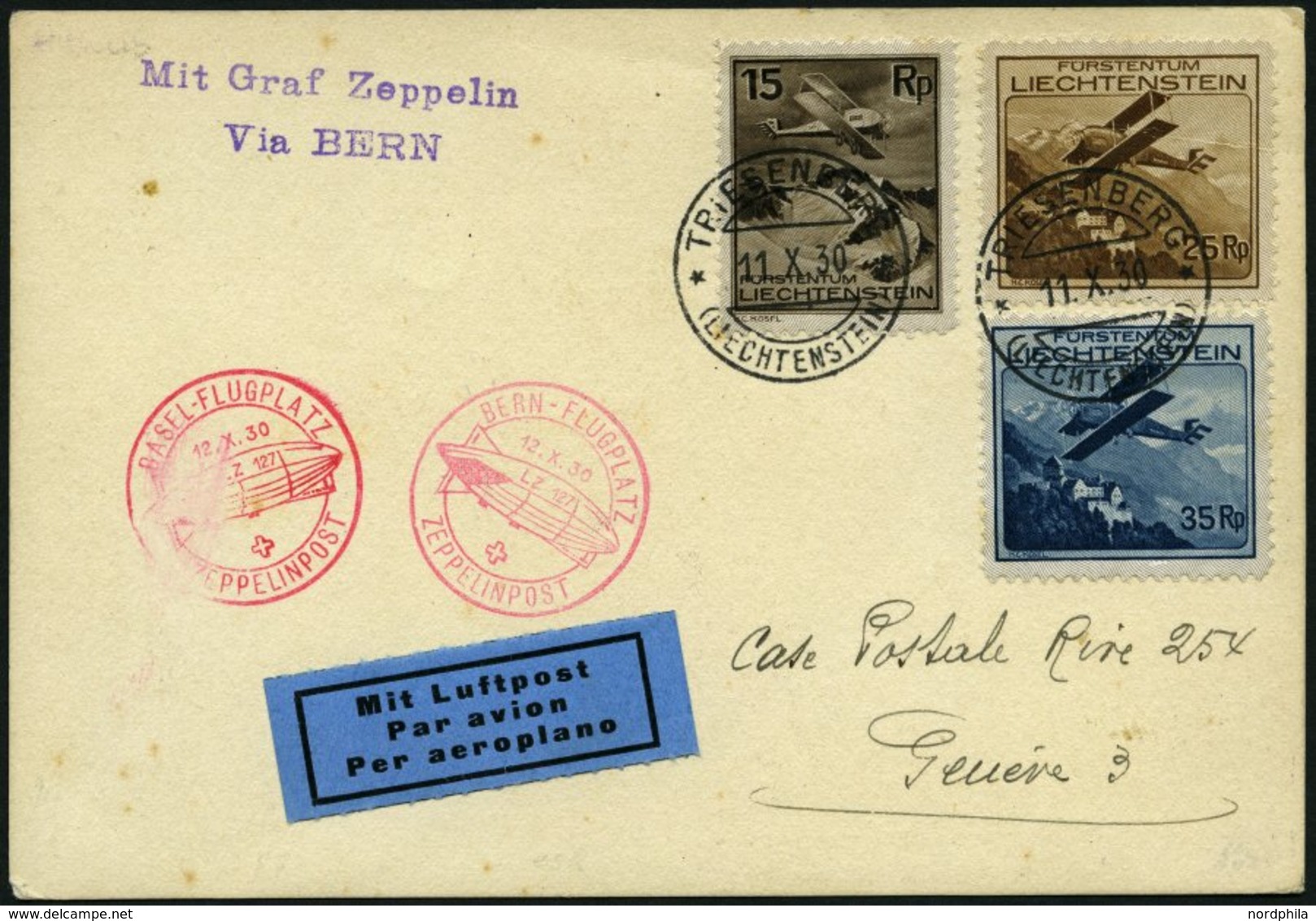 ZULEITUNGSPOST 95 BRIEF, Liechtenstein: 1930, Basel-Zürich, Frankiert Mit Mi.Nr. 108, 110 Und 111, Karte Feinst - Zeppelins