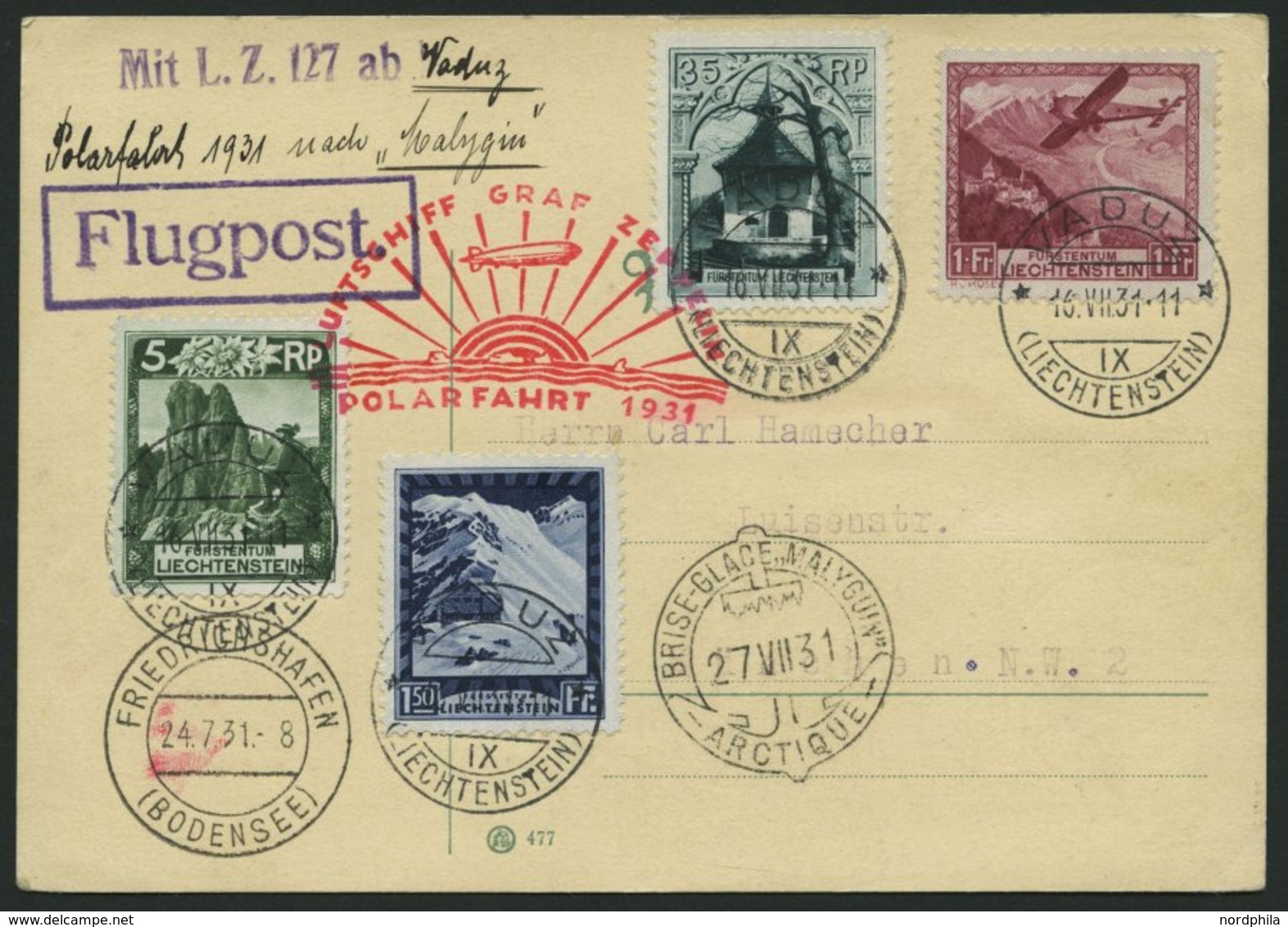 ZULEITUNGSPOST 119 BRIEF, Liechtenstein: 1931, Polarfahrt, Abgabe Malygin, Prachtkarte Mit Guter Frankatur - Zeppelines