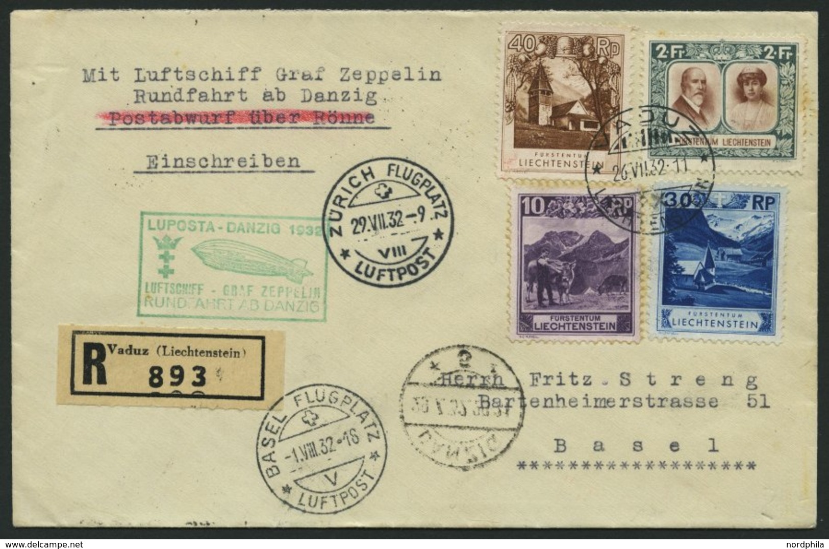 ZULEITUNGSPOST 170Ab BRIEF, Liechtenstien: 1932, Luposta-Rundfahrt, Abgabe Danzig, Einschreibbrief, 2 Fr. Etwas Fleckig  - Zeppeline