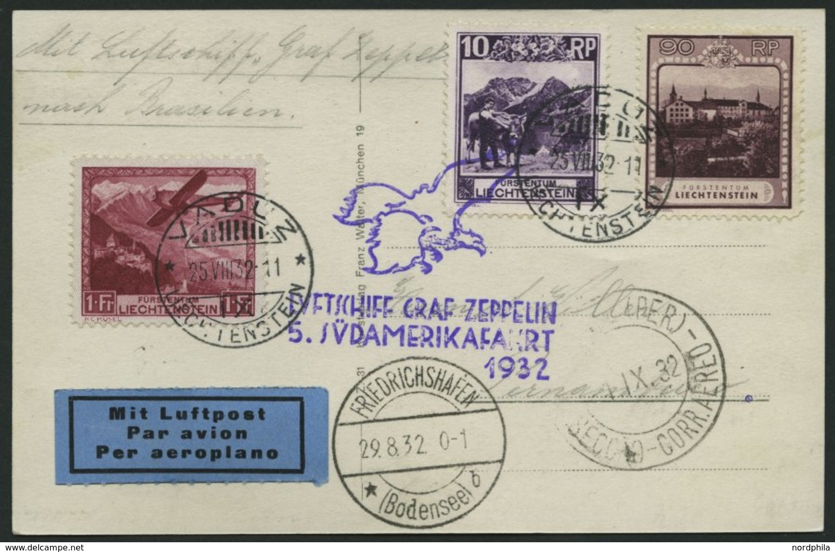 ZULEITUNGSPOST 171 BRIEF, Liechtenstein: 1932, 5. Südamerikafahrt, Gute Frankatur, Prachtkarte - Zeppelin