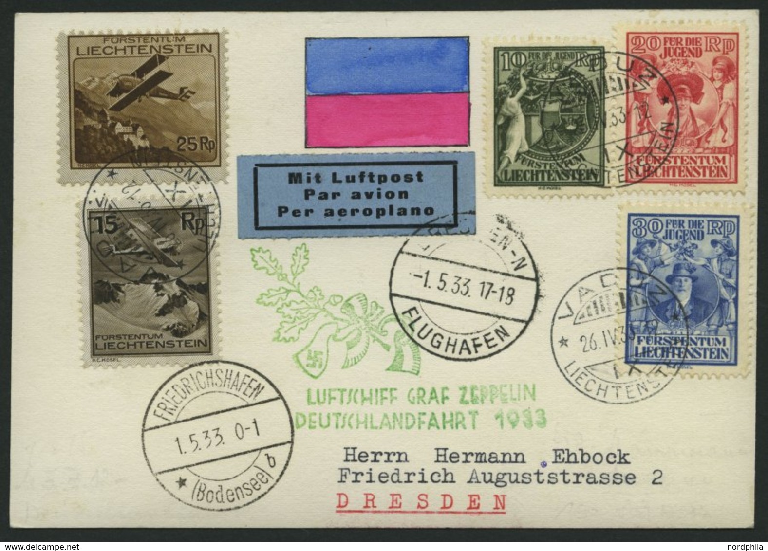 ZULEITUNGSPOST 201 BRIEF, Liechtenstein: 1933, Deutschlandfahrt, Prachtkarte Mit Guter Frankatur - Zeppelines