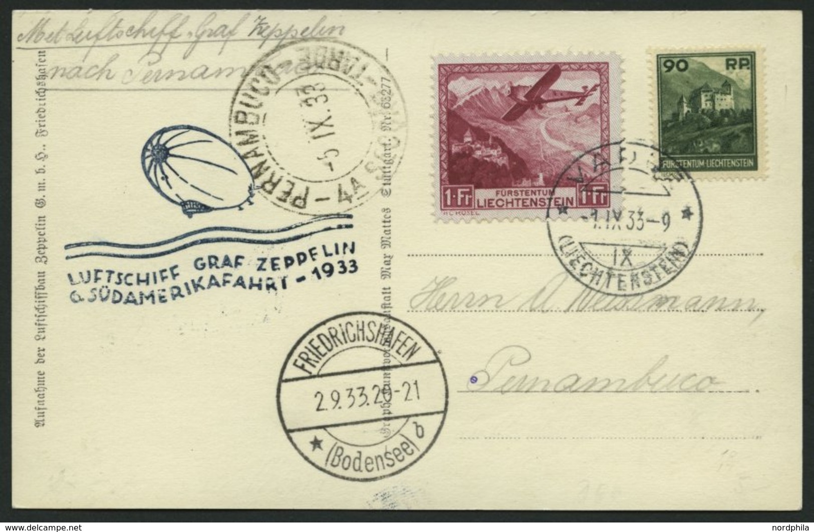 ZULEITUNGSPOST 229 BRIEF, Liechtenstein: 1933, 6. Südamerikafahrt, Prachtkarte Mit Guter Frankatur - Zeppeline