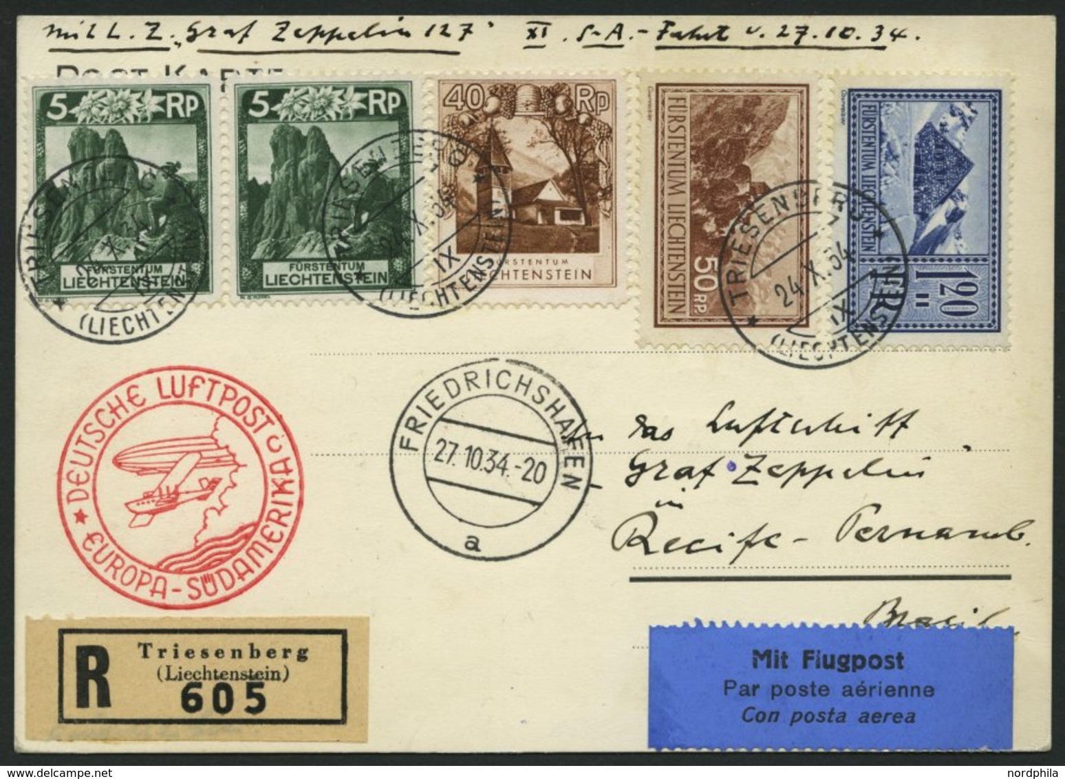 ZULEITUNGSPOST 283 BRIEF, Liechtenstein: 1934, 11. Südamerikafahrt, Einschreibkarte, Pracht - Zeppelins