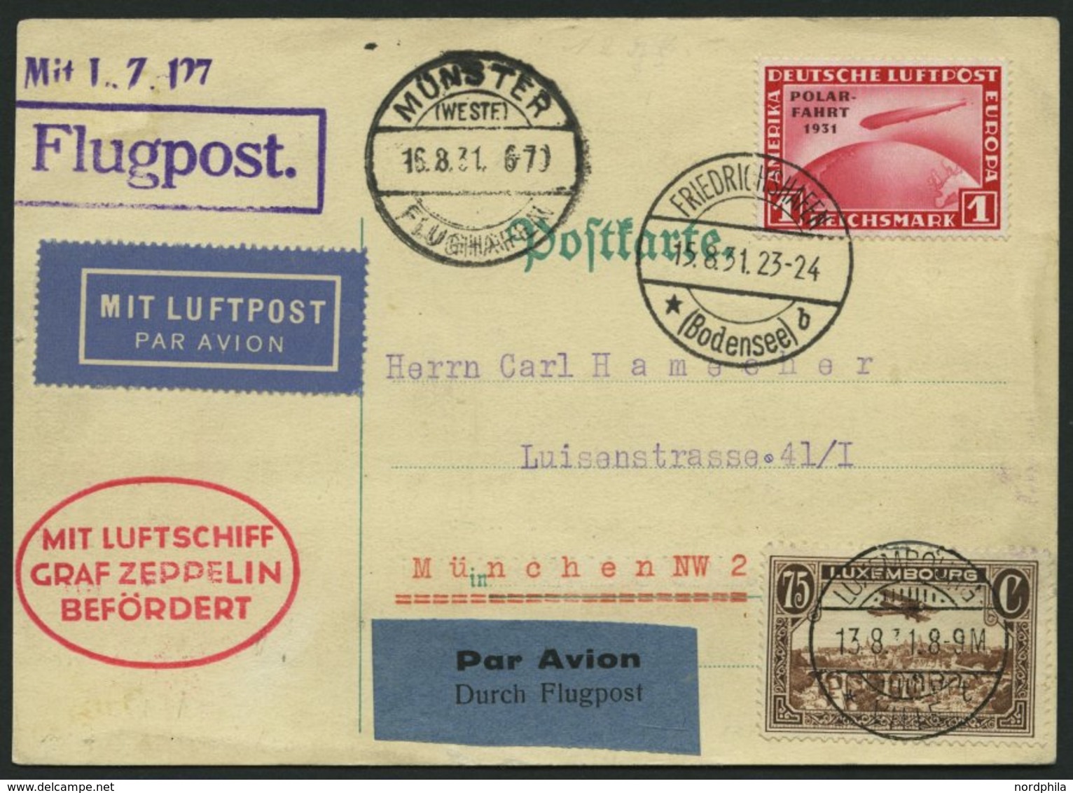 ZULEITUNGSPOST 121 BRIEF, Luxemburg: 1931, Fahrt Nach Münster, Frankiert Mit 1 RM Polarfahrt, Prachtkarte - Zeppelines