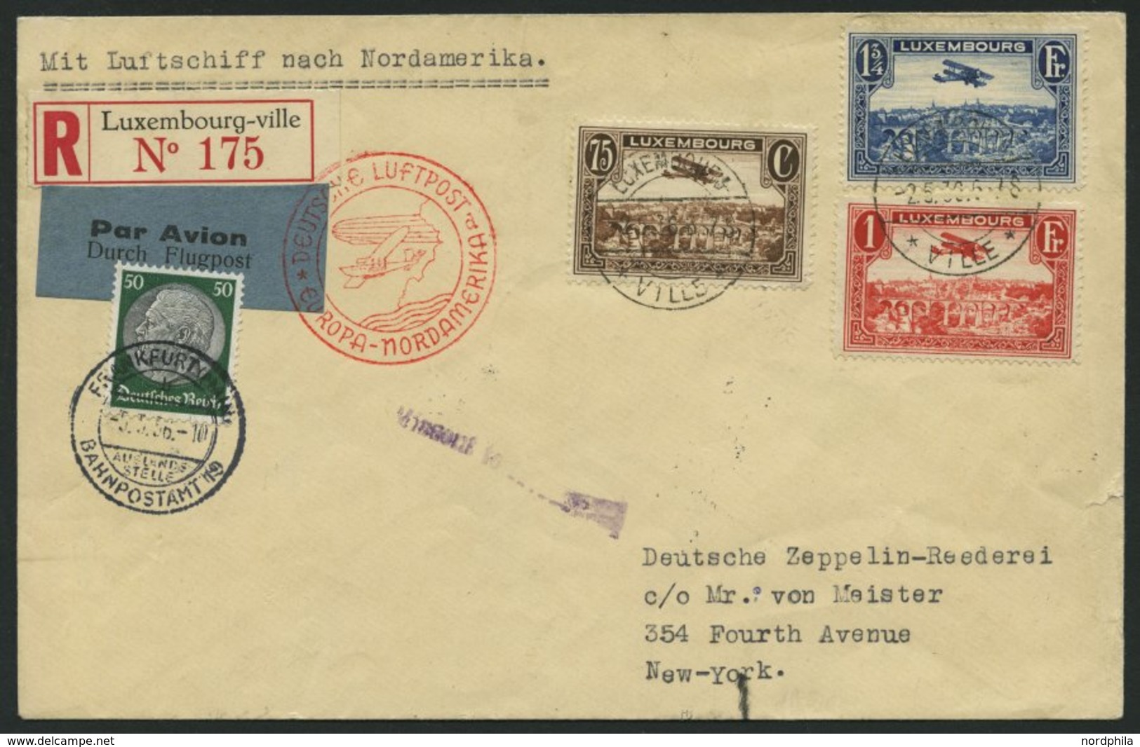 ZULEITUNGSPOST 406D BRIEF, Luxemburg: 1936, 1. Nordamerikafahrt, Auflieferung Frankfurt, Bedarfs-Einschreibbrief (rechts - Zeppeline