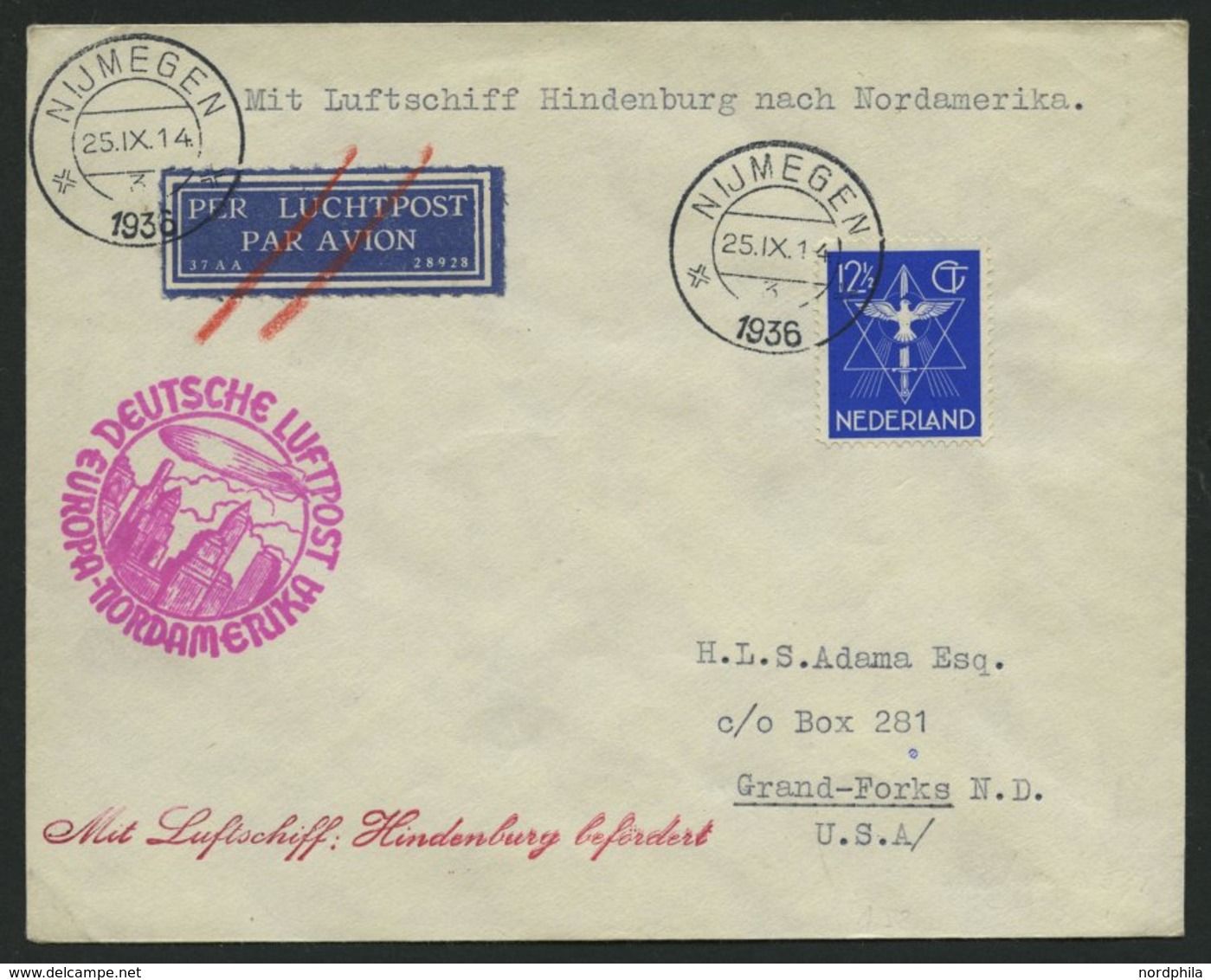 ZULEITUNGSPOST 439 BRIEF, Niederlande: 1936, 9. Nordamerikafahrt, Prachtbrief - Zeppelines