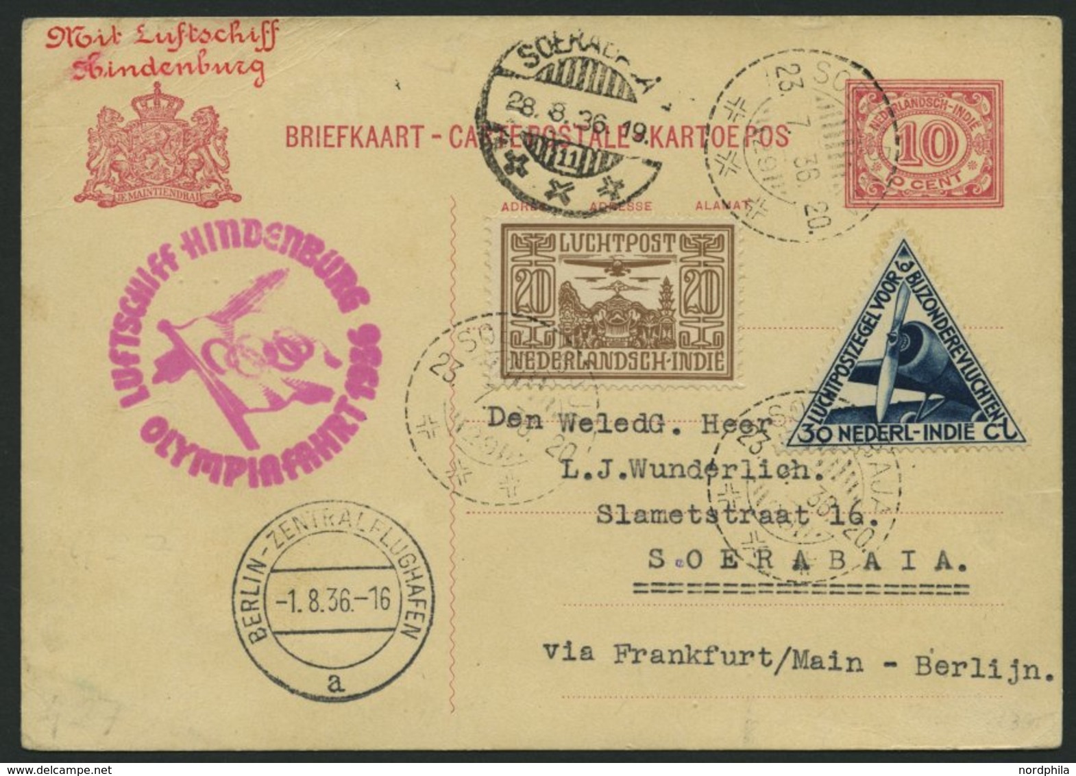 ZULEITUNGSPOST 427 BRIEF, Niederländisch-Indien: 1936, Olympiafahrt, Karte Feinst - Zeppelin