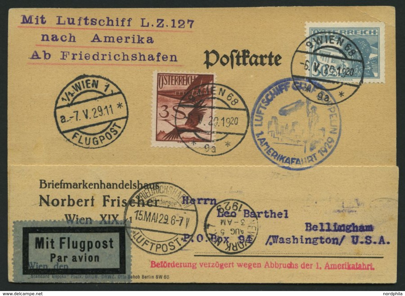 ZULEITUNGSPOST 26 BRIEF, Österreich: 1929, 1. Amerikafahrt, Mit Verzögerungsstempel, Prachtkarte - Zeppeline