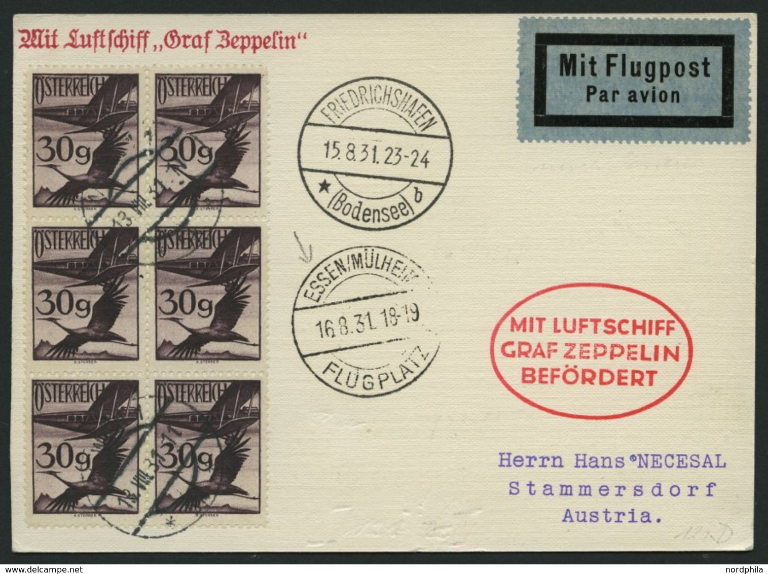 ZULEITUNGSPOST 121D BRIEF, Österreich: 1931, Fahrt Nach Essen, Prachtkarte - Zeppelin