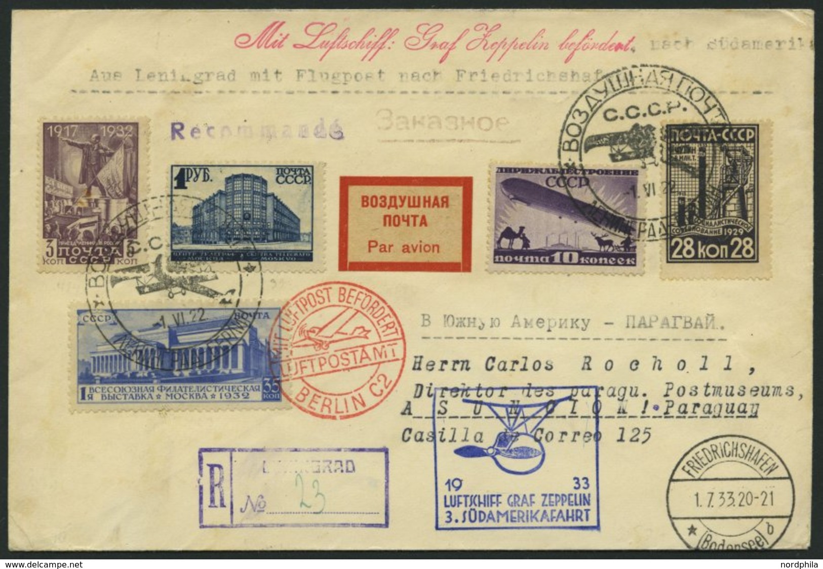 ZULEITUNGSPOST 219 BRIEF, Russland: 1933, 3. Südamerikafahrt, Einschreibbrief, Prachtbrief - Zeppelin