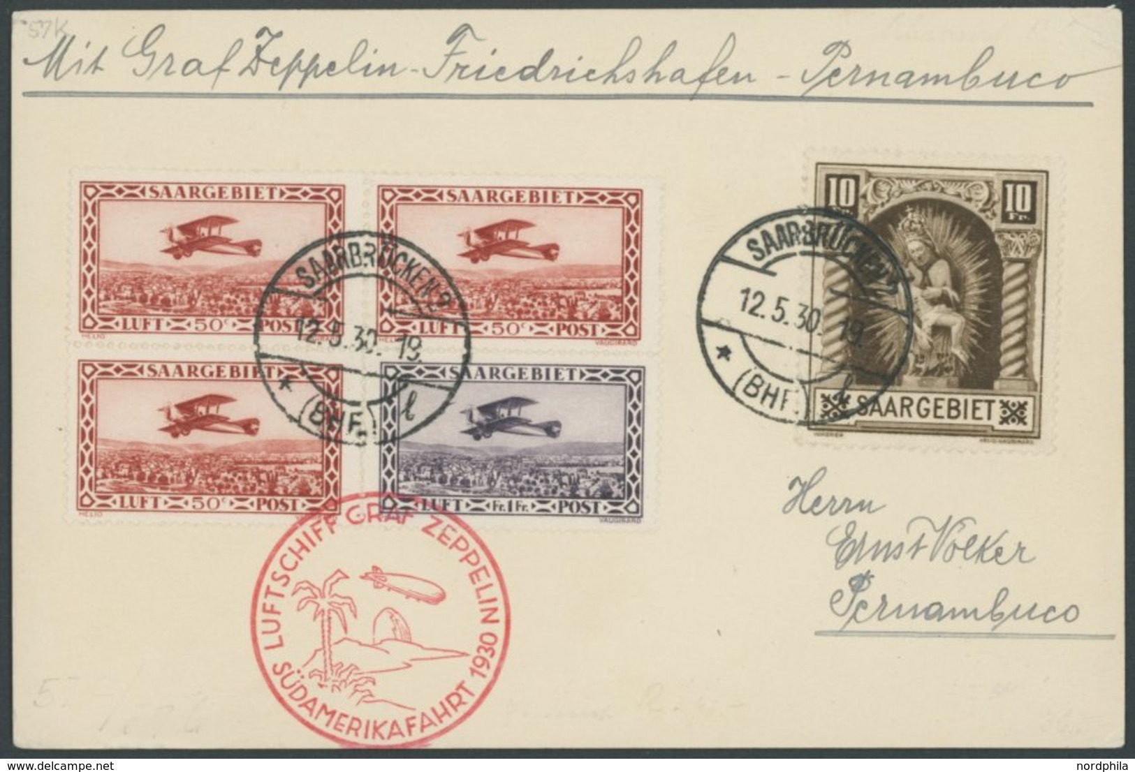 ZULEITUNGSPOST 57K BRIEF, Saargebiet: 1930, Südamerikafahrt, Friedrichshafen-Pernambuco, Frankiert U.a. Mit Mi.Nr. 103,  - Zeppelin