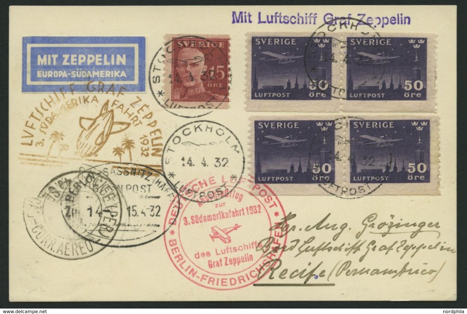 ZULEITUNGSPOST 150B BRIEF, Schweden: 1932, 3. Südamerikafahrt, Anschlussflug Ab Berlin, Prachtkarte - Zeppelins