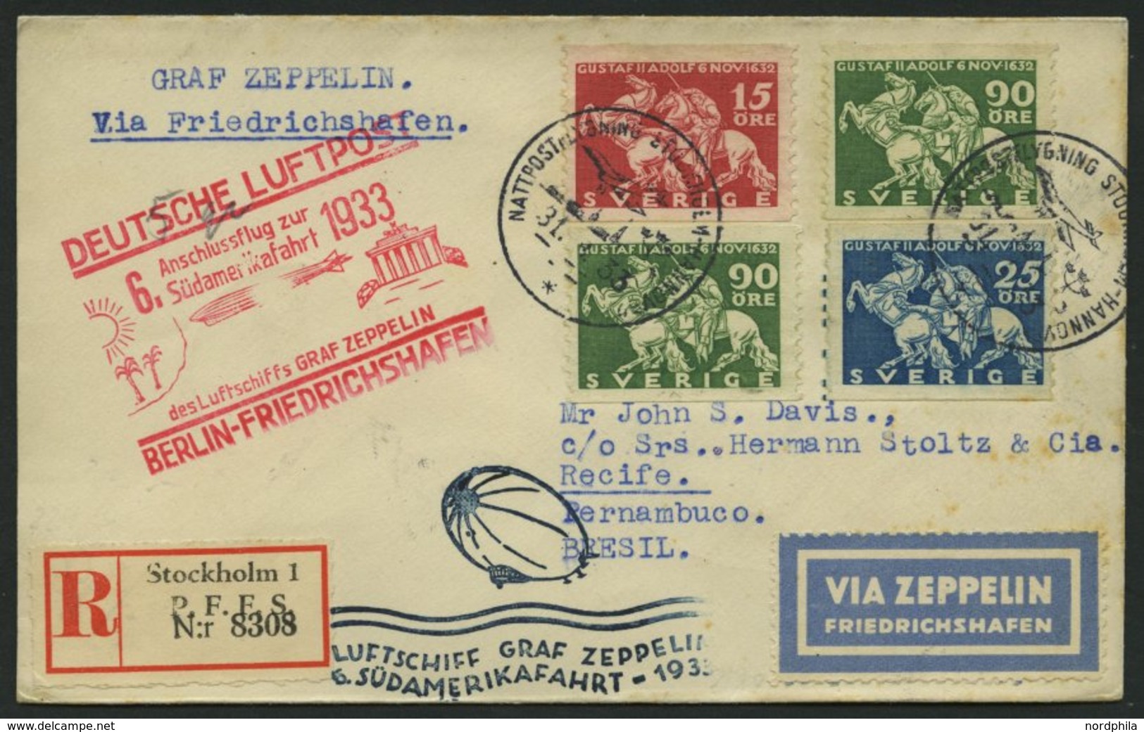 ZULEITUNGSPOST 229B BRIEF, Schweden: 1933, 6. Südamerikafahrt, Anschlussflug Ab Berlin, Einschreibbrief, Pracht - Zeppeline