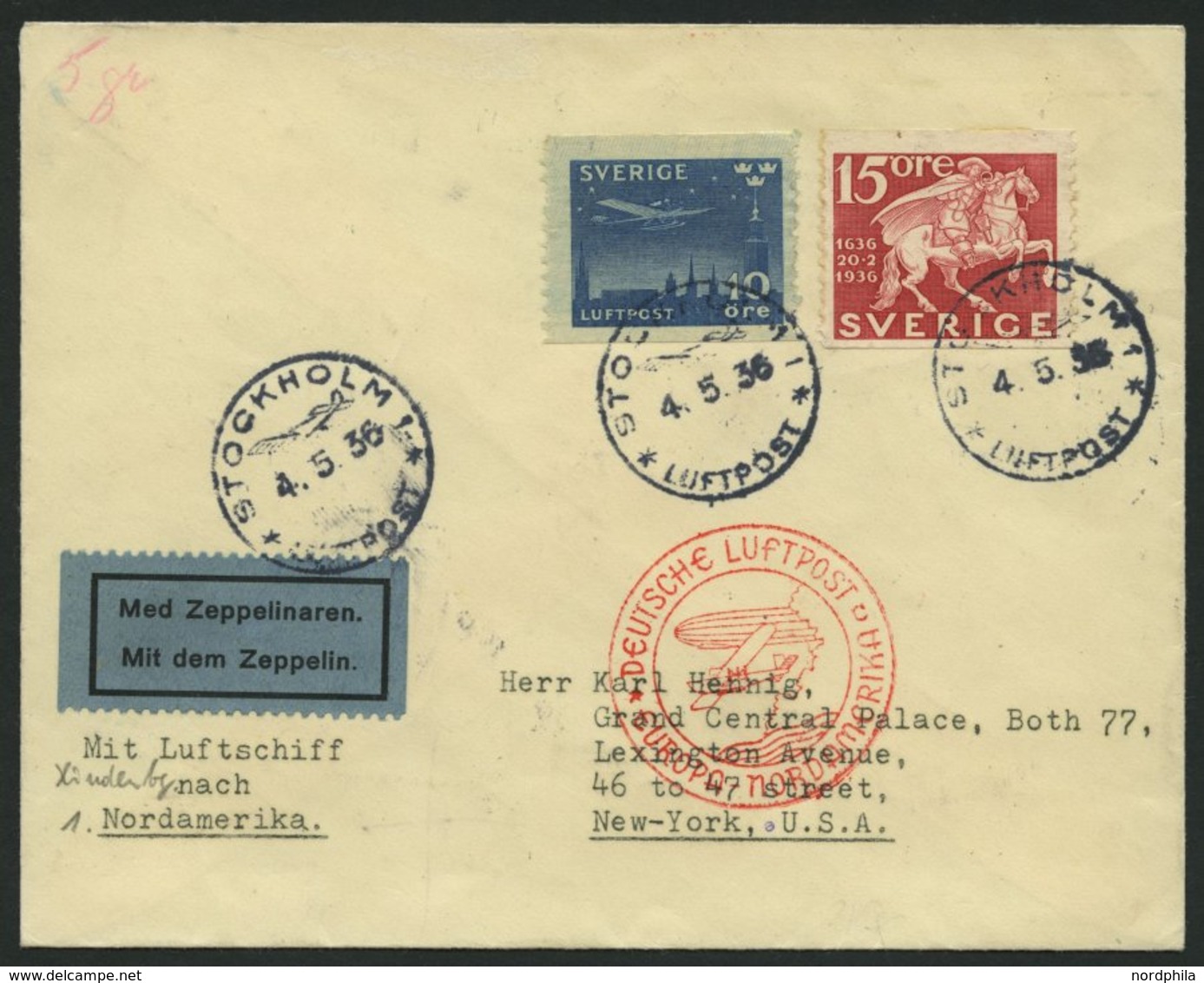 ZULEITUNGSPOST 406C BRIEF, Schweden: 1936, 1. Nordamerikafahrt, Anschlußflug Ab Frankfurt, Prachtbrief - Zeppelin