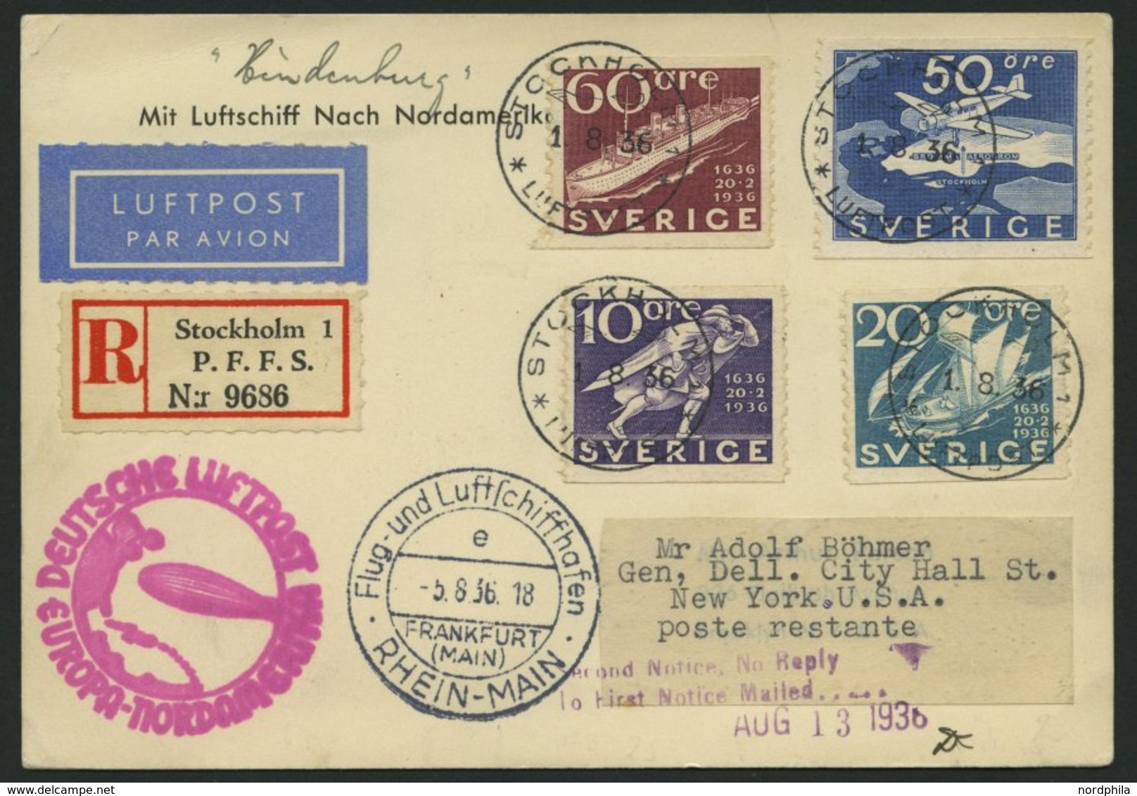 ZULEITUNGSPOST 428 BRIEF, Schweden: 1936, 6. Nordamerikafahrt, Einschreibkarte, Pracht - Zeppelins