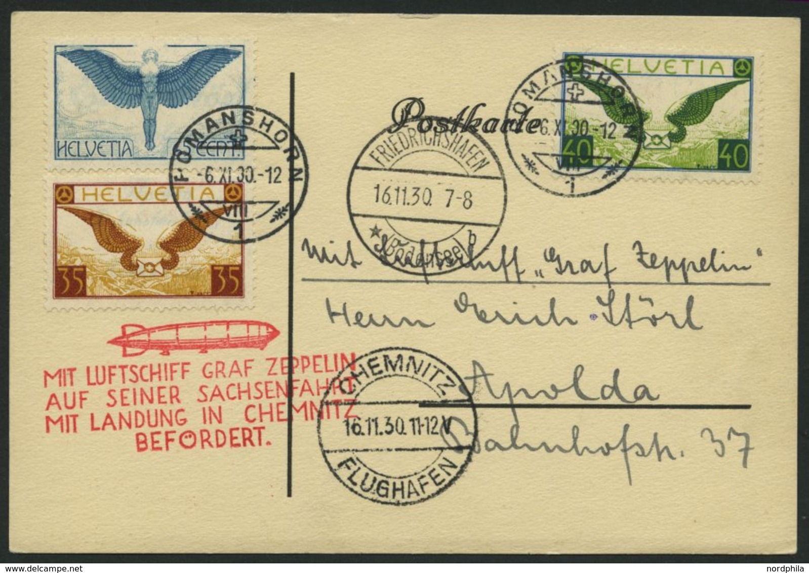 ZULEITUNGSPOST 100 BRIEF, Schweiz: 1930, Fahrt Nach Chemnitz, Prachtkarte - Zeppelins