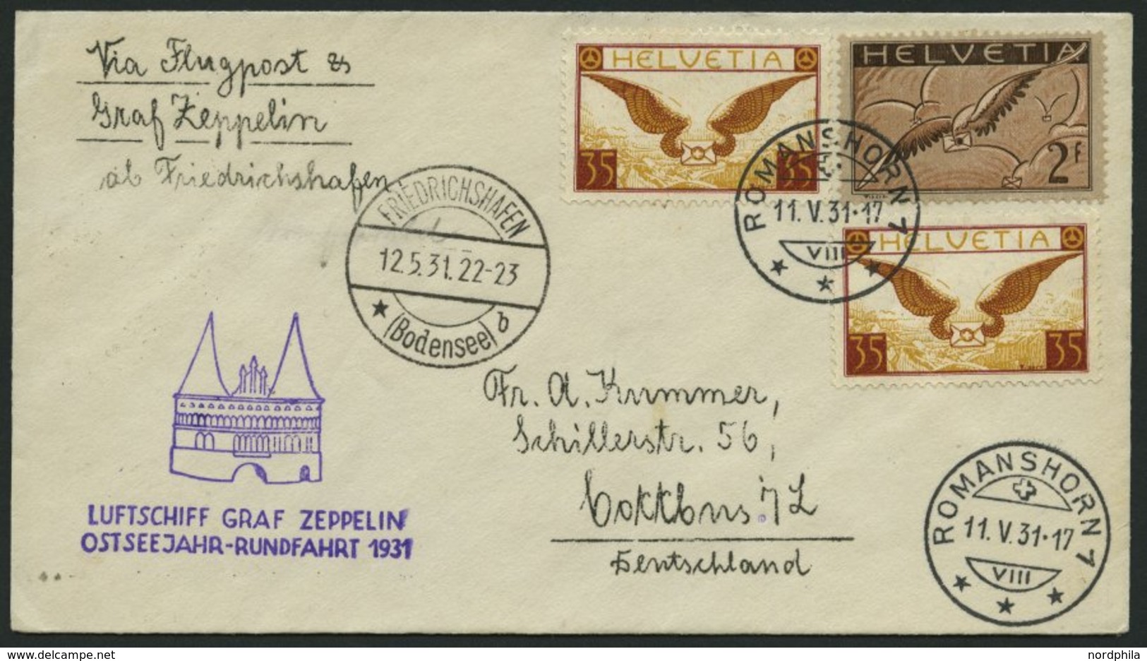 ZULEITUNGSPOST 108Bb BRIEF, Schweiz: 1931, Ostseejahr-Rundfahrt, Abgabe Lübeck, Prachtbrief - Zeppeline