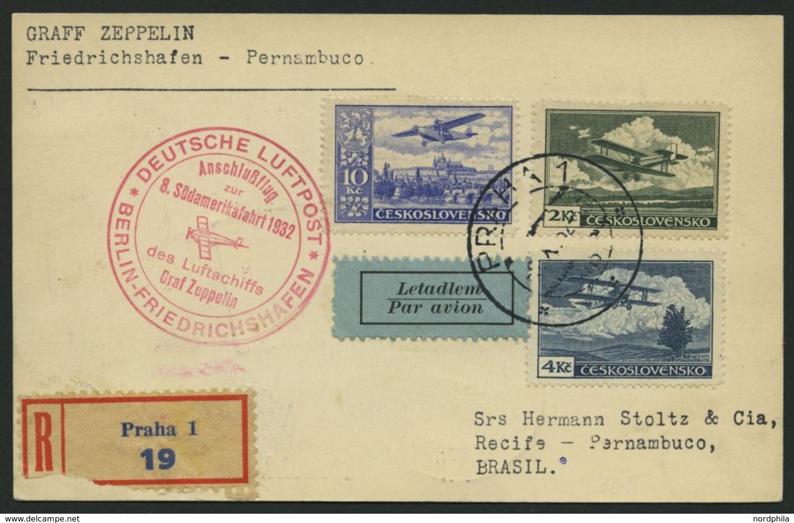 ZULEITUNGSPOST 189B BRIEF, Tschechoslowakei: 1932, 8. Südamerikafahrt, Anschlussflug Ab Berlin, Einschreibkarte, Pracht - Zeppeline