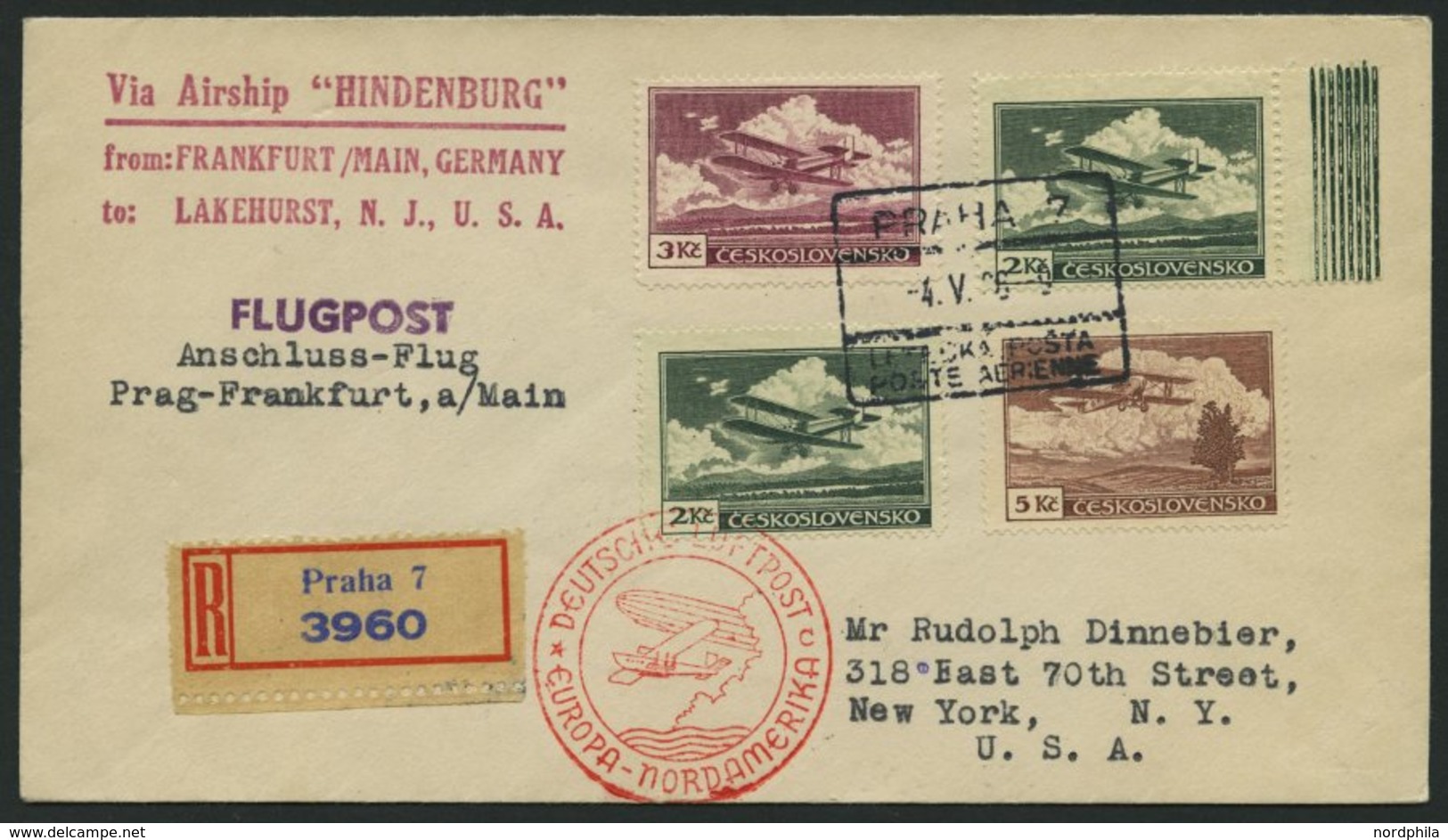 ZULEITUNGSPOST 406C BRIEF, Tschechoslowakei: 1936, 1. Nordamerikafahrt, Auflieferung Frankfurt, Einschreibbrief, Pracht - Zeppelin