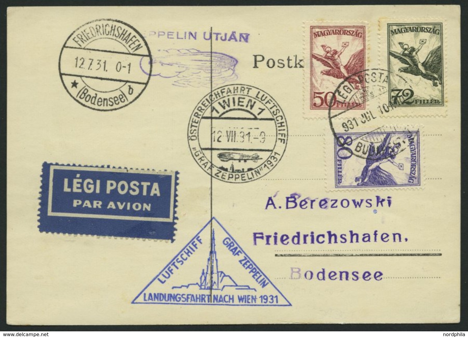 ZULEITUNGSPOST 116A BRIEF, Ungarn: 1931, Österreichfahrt, Post Nach Wien, Prachtkarte - Zeppelin