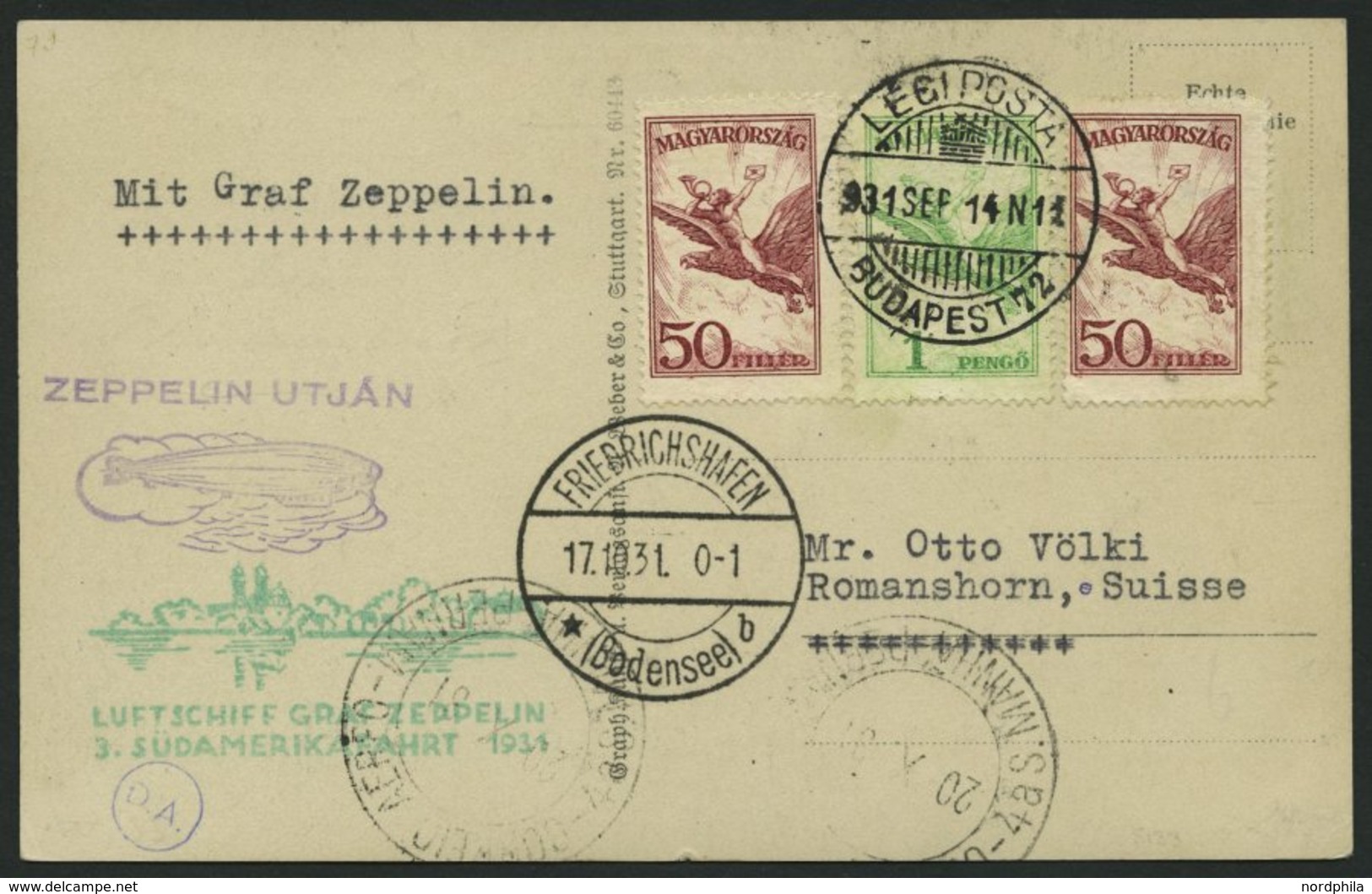 ZULEITUNGSPOST 133 BRIEF, Ungarn: 1931, 3. Südamerikafahrt, Prachtkarte - Zeppelin