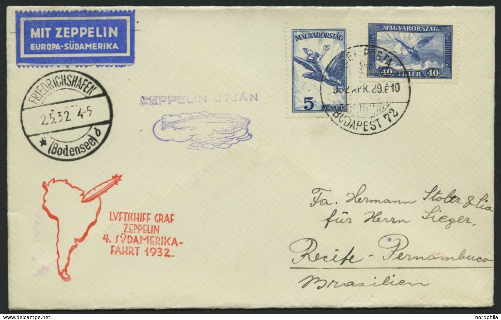 ZULEITUNGSPOST 157 BRIEF, Ungarn: 1932, 4. Südamerikafahrt, Prachtbrief - Zeppelin