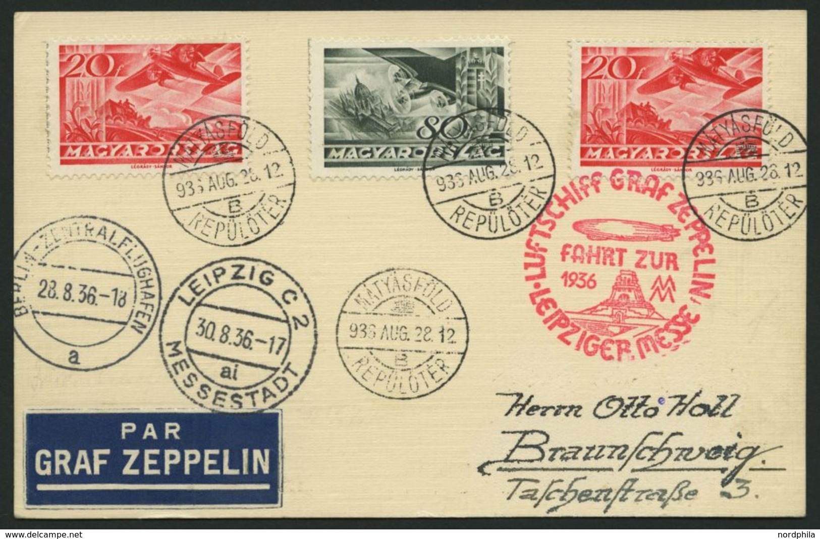 ZULEITUNGSPOST 366 BRIEF, Ungarn: 1936, Fahrt Zur Leipziger Messe, Prachtkarte - Zeppeline