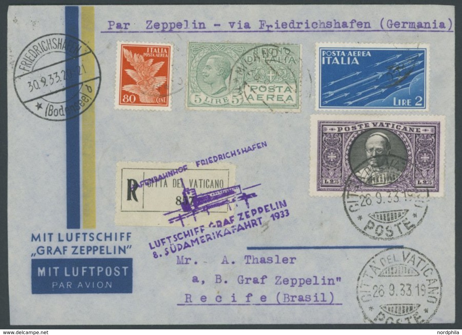 ZULEITUNGSPOST 235 BRIEF, Vatikan: 1933, 8. Südamerikafahrt, Einschreibbrief Mit Mischfrankatur Vatikan/Italien Und Alle - Zeppelin