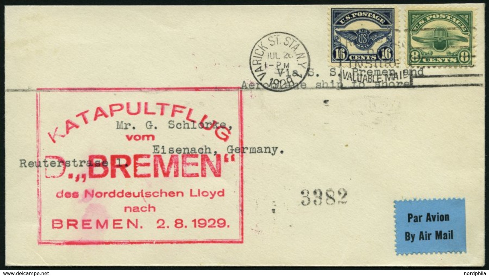 KATAPULTPOST 2a BRIEF, 1.8.1929, &quot,Bremen&quot, - Bremen, US-Landpostaufgabe, Frankiert Mit USA Mi.Nr. 286/7, Pracht - Cartas & Documentos