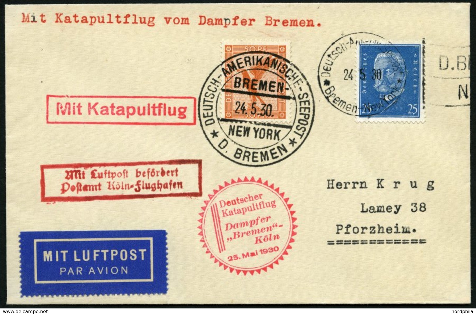 KATAPULTPOST 13c BRIEF, 25.5.1930, &quot,Bremen&quot, - Southampton, Deutsche Seepostaufgabe, Prachtbrief - Briefe U. Dokumente