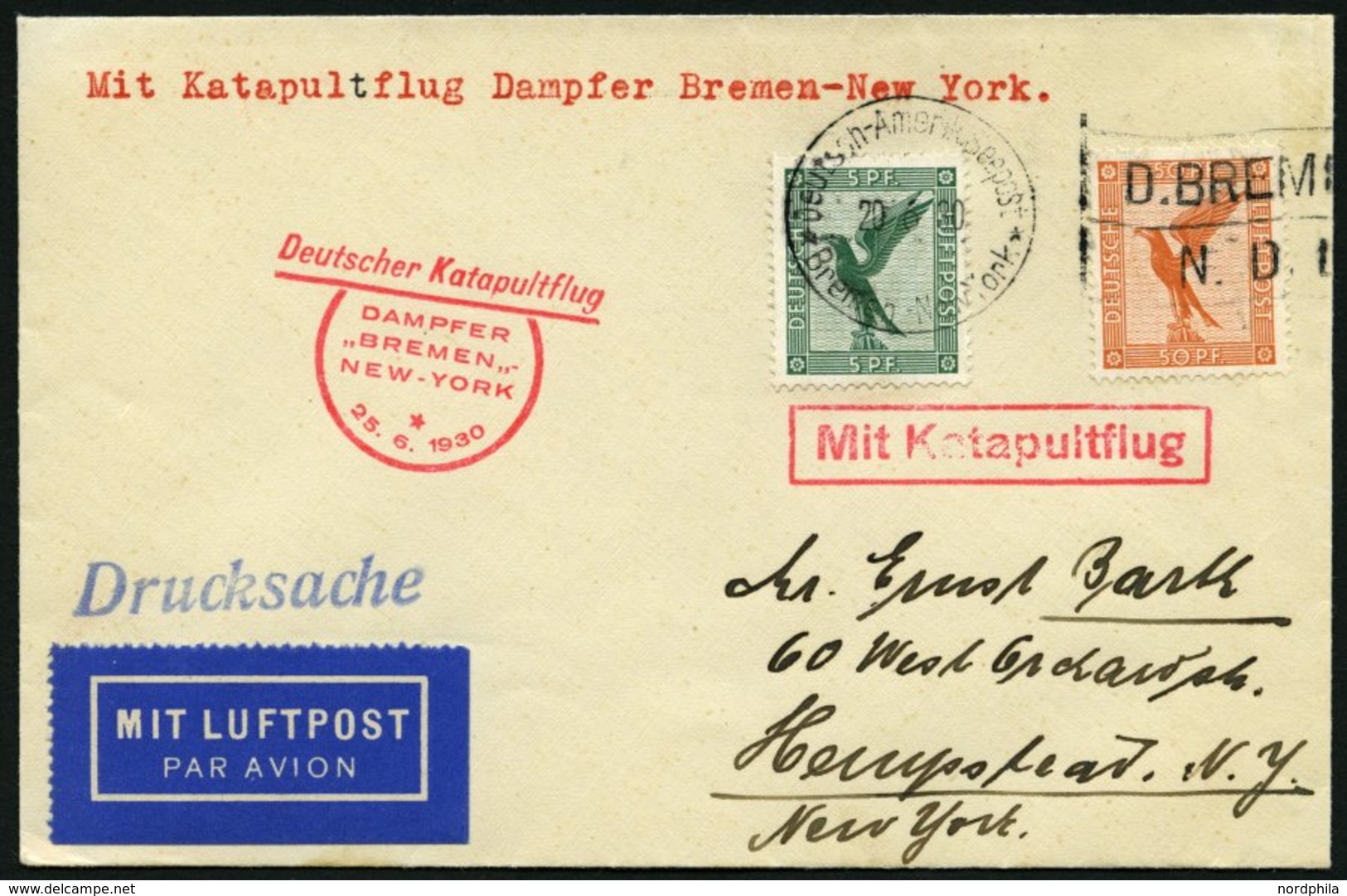 KATAPULTPOST 16b BRIEF, 25.6.1930, &quot,Bremen&quot, - New York, Seepostaufgabe, Drucksache, Prachtbrief - Cartas & Documentos