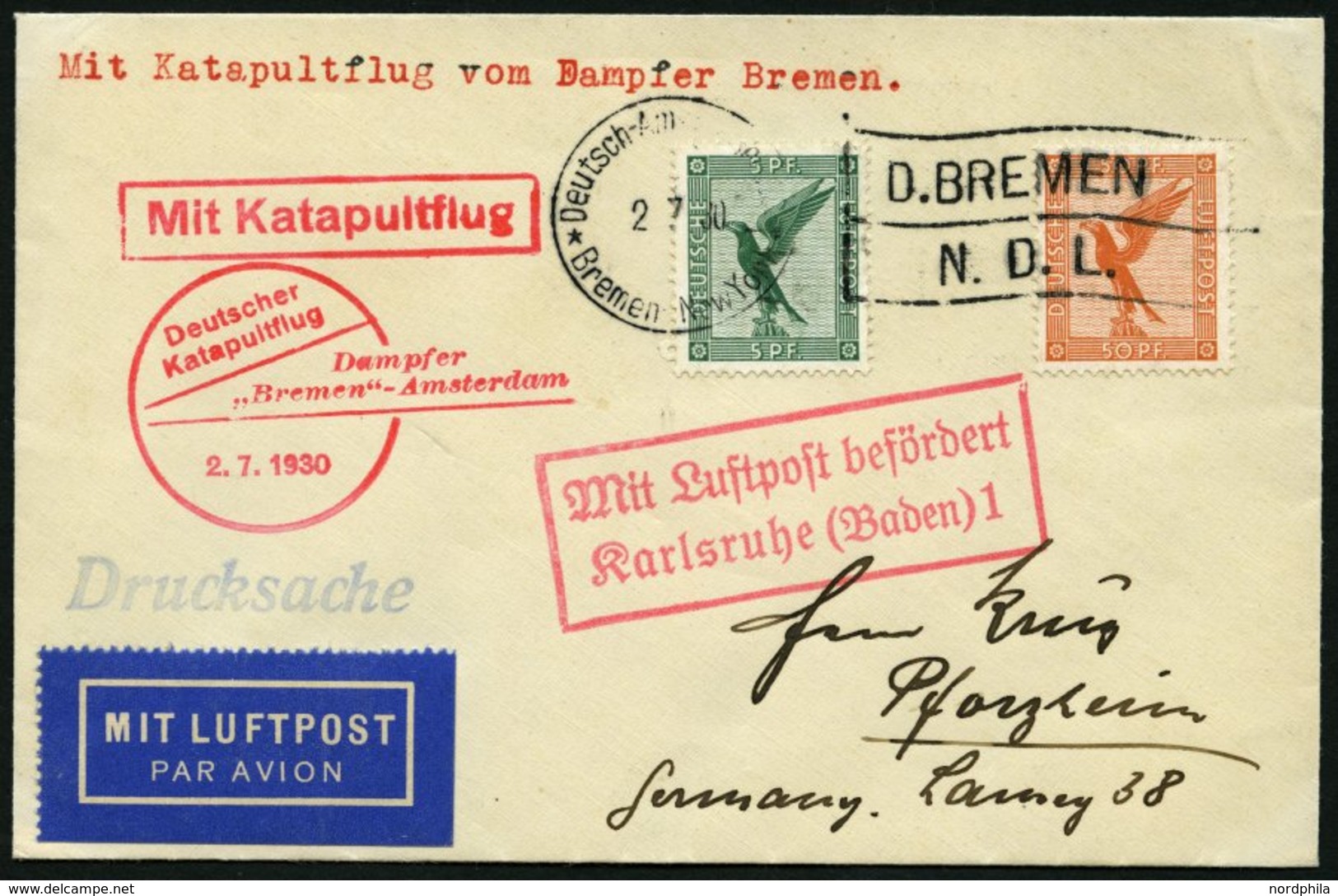 KATAPULTPOST 17c BRIEF, 2.7.1930, &quot,Bremen&quot, - Southampton, Deutsche Seepostaufgabe, Drucksache, Prachtbrief - Covers & Documents