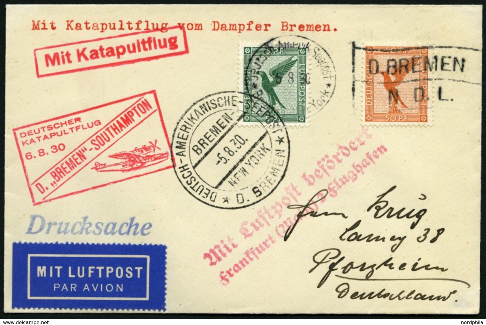 KATAPULTPOST 21c BRIEF, 6.8.1930, &quot,Bremen&quot, - Southampton, Deutsche Seepostaufgabe, Drucksache, Prachtbrief - Briefe U. Dokumente