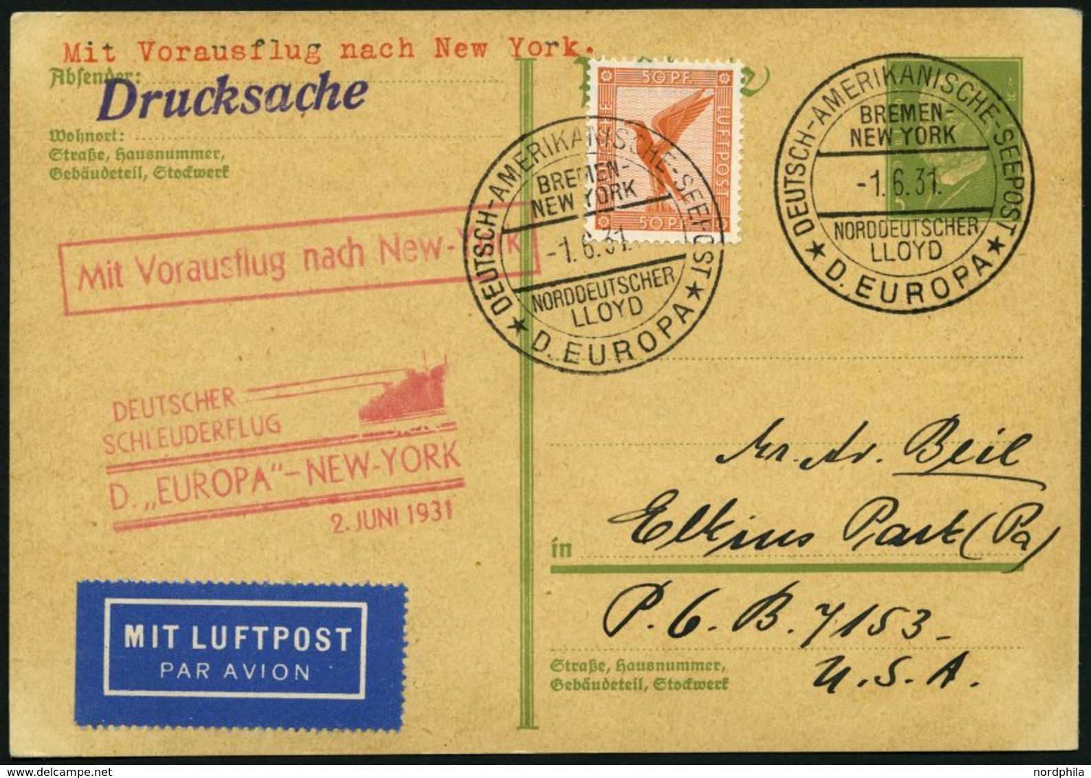 KATAPULTPOST 45b BRIEF, 2.6.1931, &quot,Europa&quot, - New York, Seepostaufgabe, Auf 5 Pf. Hindenburg - Ganzsachenkarte  - Storia Postale