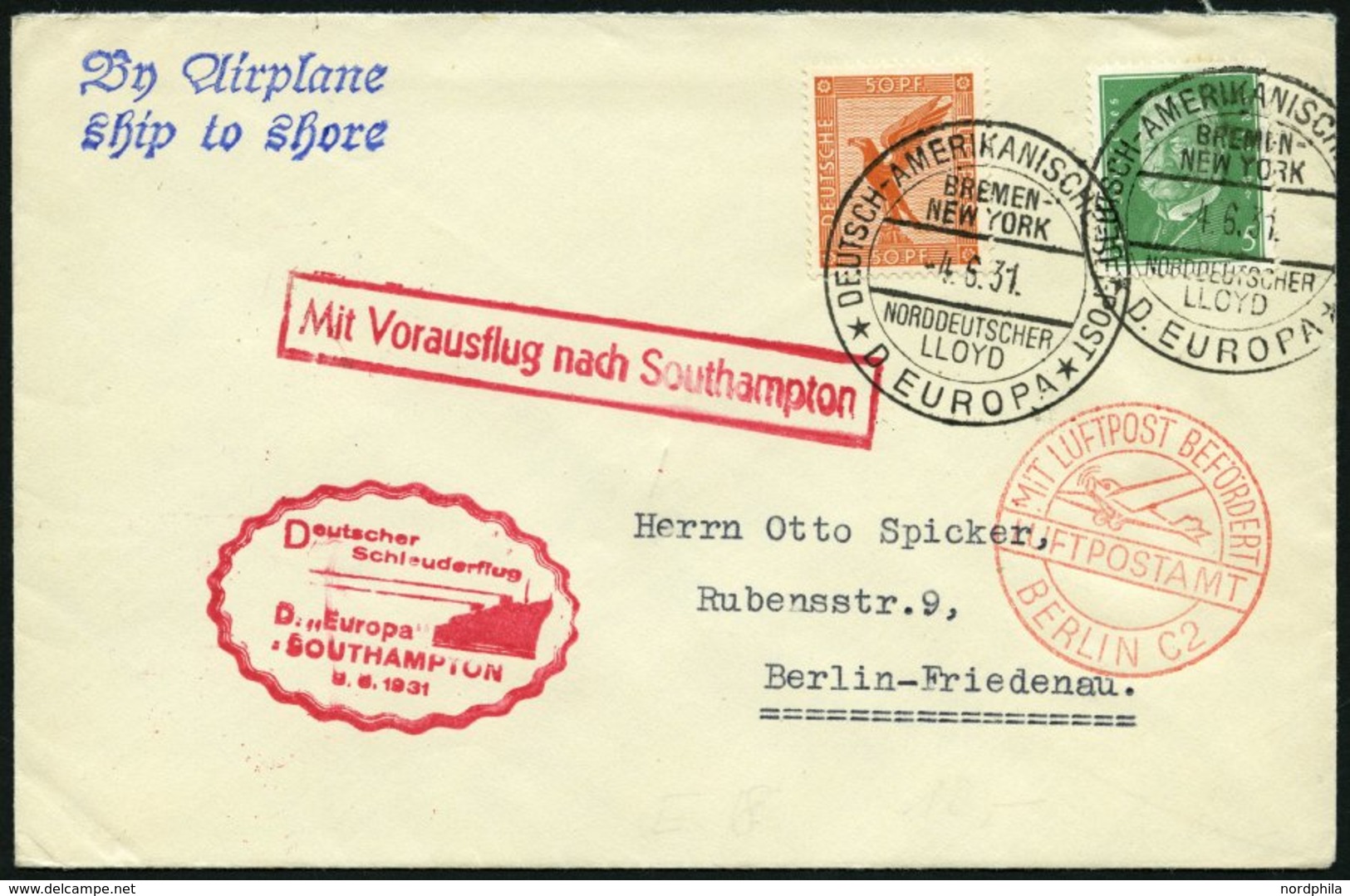 KATAPULTPOST 47c BRIEF, 8.6.1931, &quot,Europa&quot, - Southampton, Deutsche Seepostaufgabe, Prachtbrief - Briefe U. Dokumente