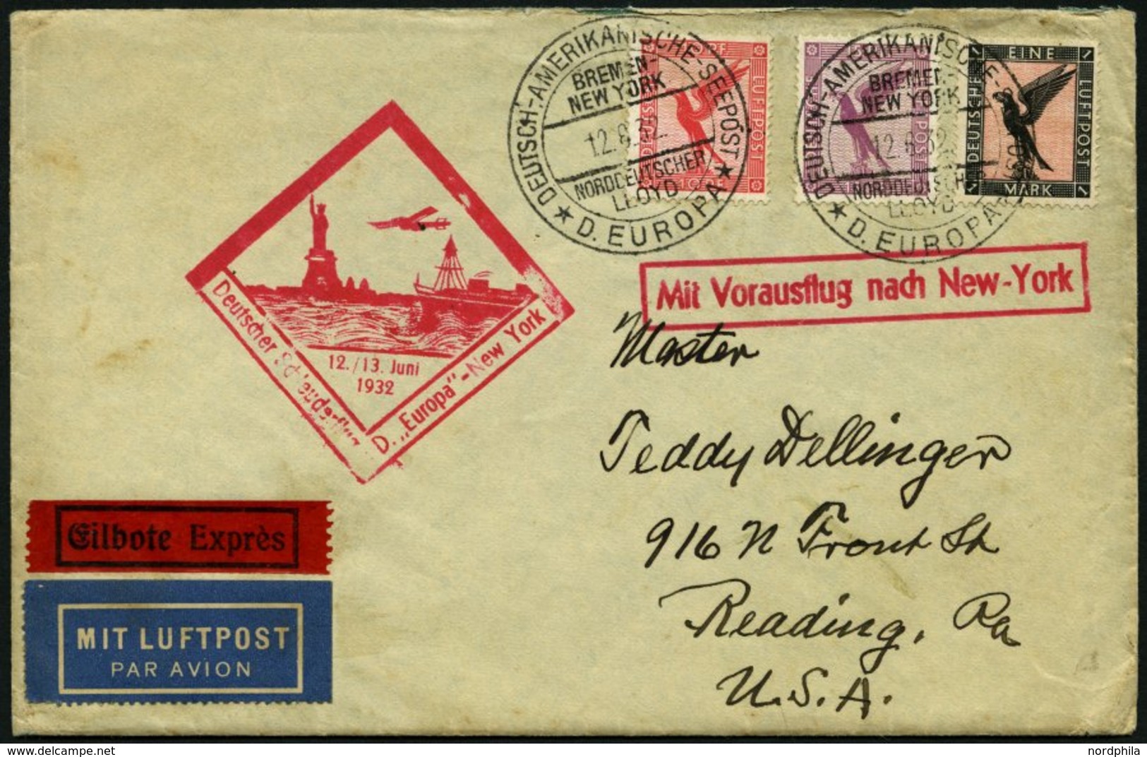 KATAPULTPOST 85b BRIEF, 12.6.1932, &quot,Europa&quot, - New York, Seepostaufgabe, Eilbrief, Feinst - Storia Postale