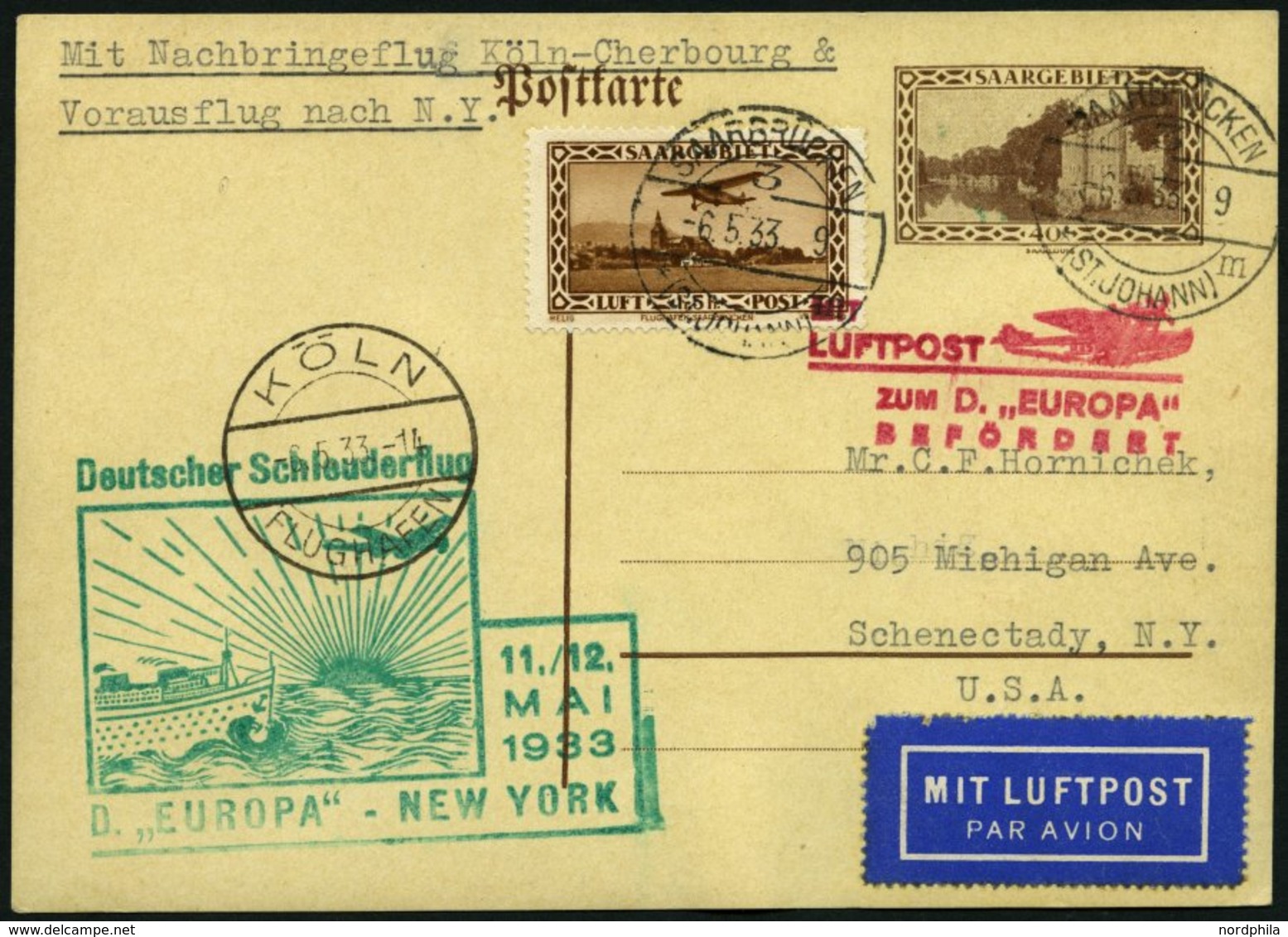 KATAPULTPOST 113Sr BRIEF, Saargebiet: 12.5.1933, &quot,Europa&quot, - New York, Nachbringeflug, Auf 40 Pf. Ganzsachenkar - Briefe U. Dokumente