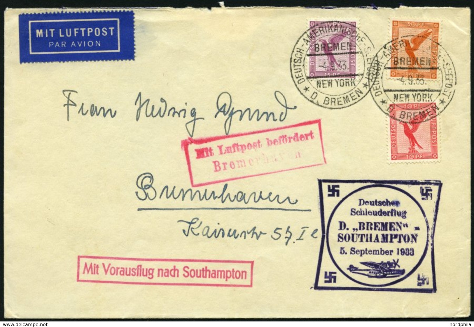 KATAPULTPOST 140c BRIEF, 5.9.1933, &quot,Bremen&quot, - Southampton, Deutsche Seepostaufgabe, Prachtbrief - Storia Postale