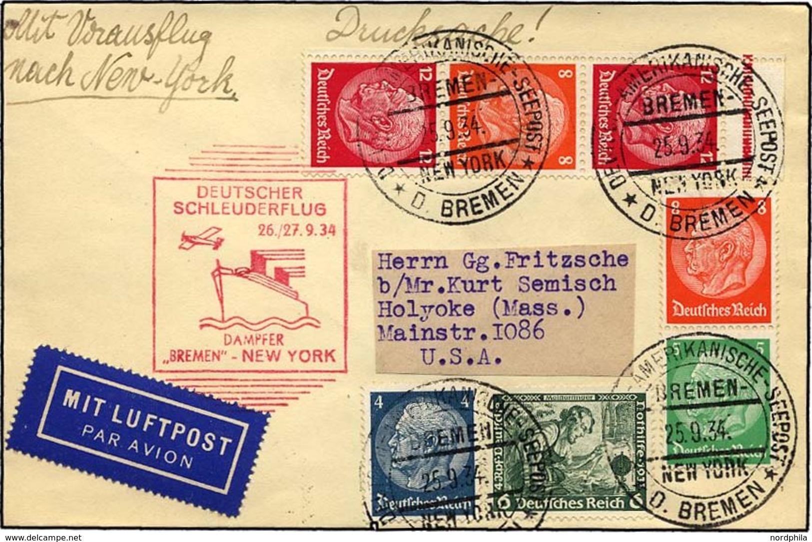 KATAPULTPOST 181b BRIEF, 26.9.1934, Bremen - New York, Seepostaufgabe, Frankiert U.a. Mit S 111, Drucksache, Pracht - Storia Postale