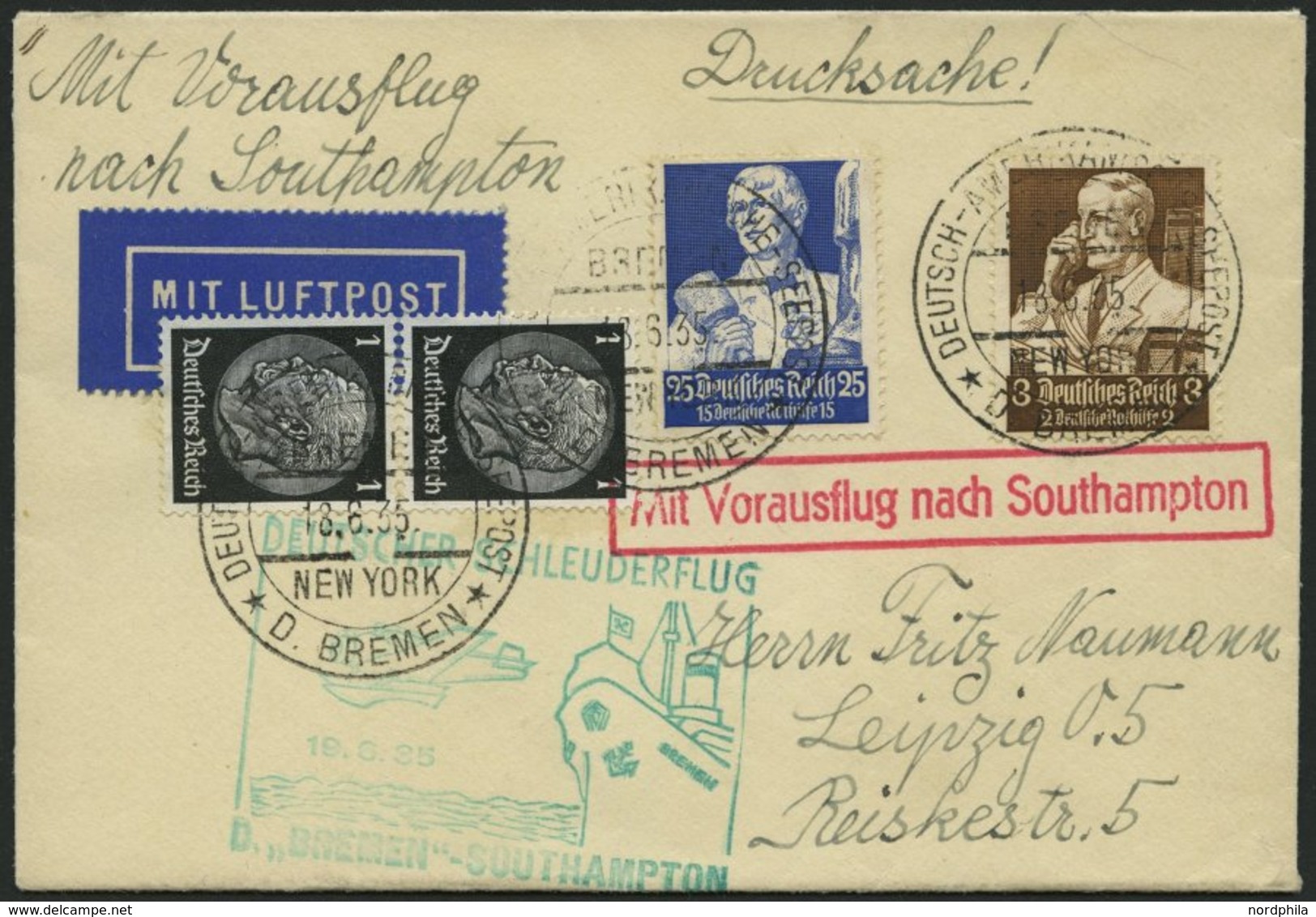 KATAPULTPOST 194c BRIEF, 19.6.1935, Bremen - Southampton, Deutsche Seepostaufgabe, Frankiert U.a. Mit Mi.Nr. 563, Drucks - Cartas & Documentos