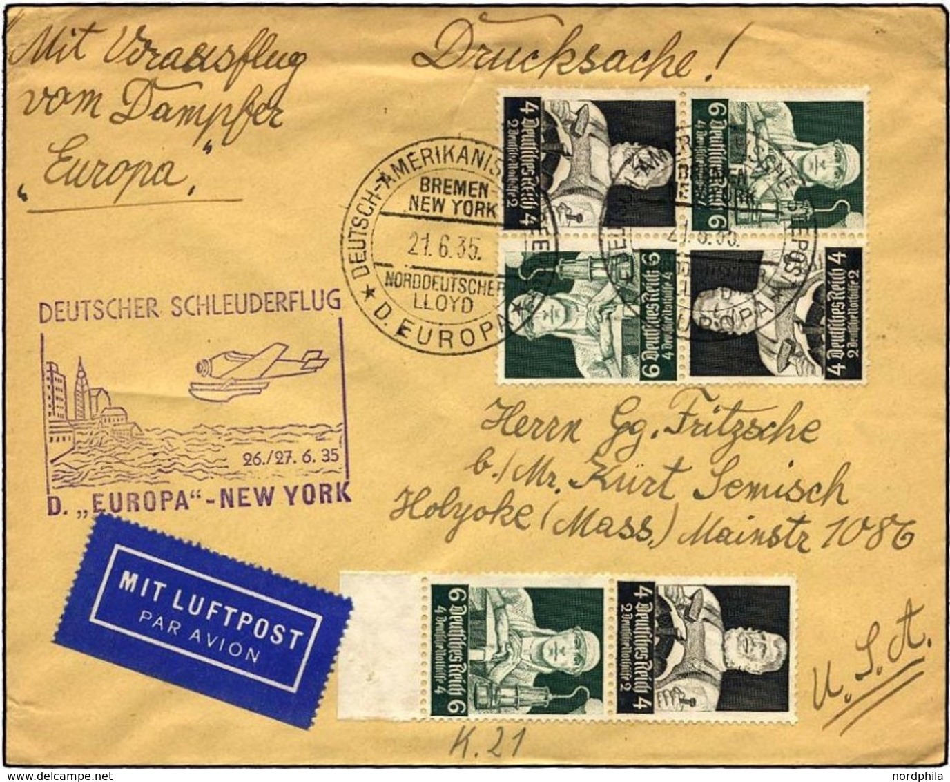 KATAPULTPOST 195b BRIEF, 26.6.1935, Europa - New York, Seepostaufgabe, Stände-Zusammendruck-Frankatur, Drucksache, Feins - Cartas & Documentos