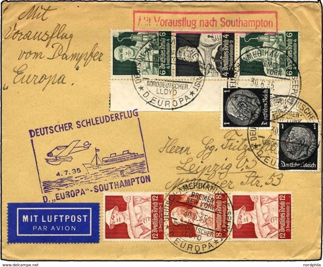 KATAPULTPOST 197c BRIEF, 4.7.1934, Europa - Southampton, Deutsche Seepostaufgabe, Zusammendruck-Frankatur (u.a. S 230),  - Lettres & Documents