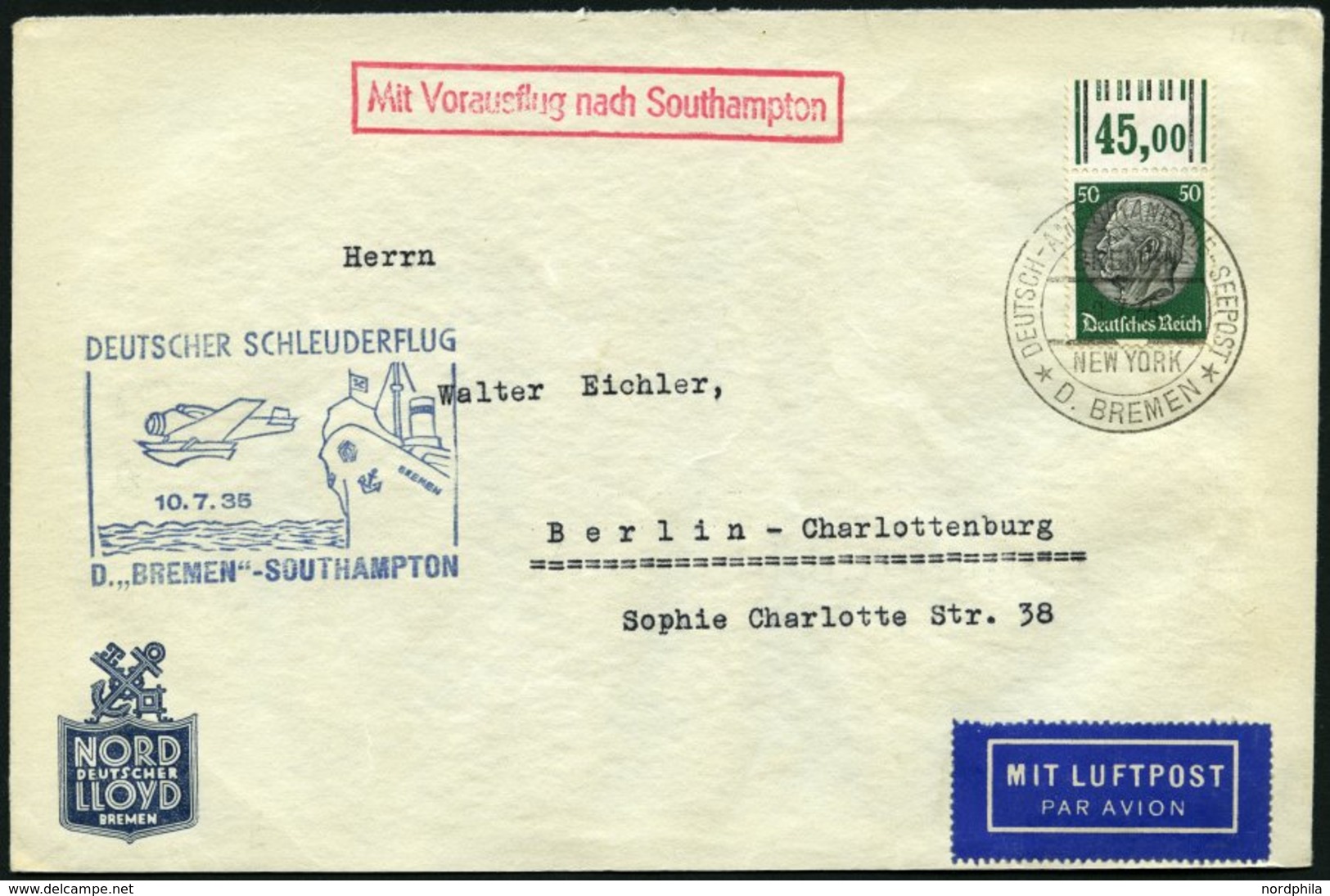 KATAPULTPOST 198c BRIEF, 10.7.1935, &quot,Bremen&quot, - Southampton, Deutsche Seepostaufgabe, Mit Einzelfrankatur Mi.Nr - Storia Postale