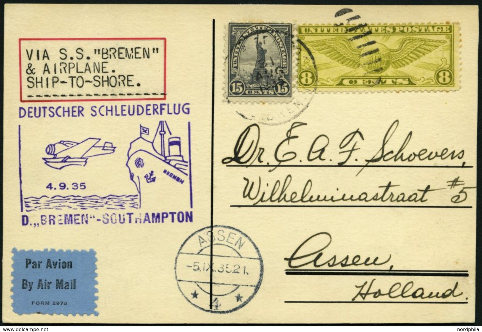 KATAPULTPOST 210b BRIEF, 4.9.1935, &quot,Bremen&quot, - Southampton, US-Seepostaufgabe, Prachtkarte - Lettres & Documents