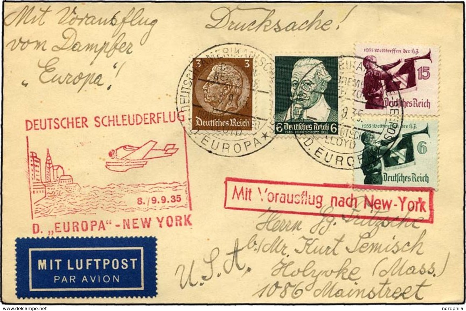 KATAPULTPOST 211b BRIEF, 8.9.1935, Europa - New York, Seepostaufgabe, Drucksache, Pracht - Lettres & Documents
