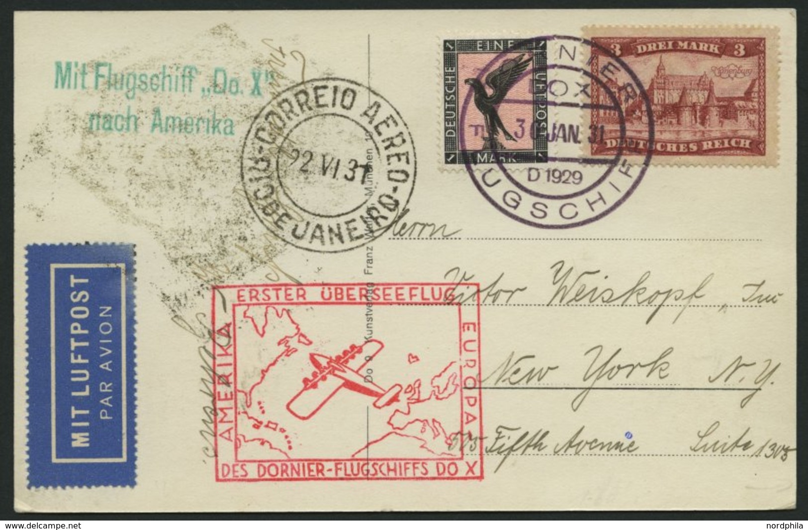 DO-X LUFTPOST 24.c. BRIEF, 30.01.1931, Bordpostaufgabe, Via Rio Nach Nordamerika, Prachtkarte - Briefe U. Dokumente