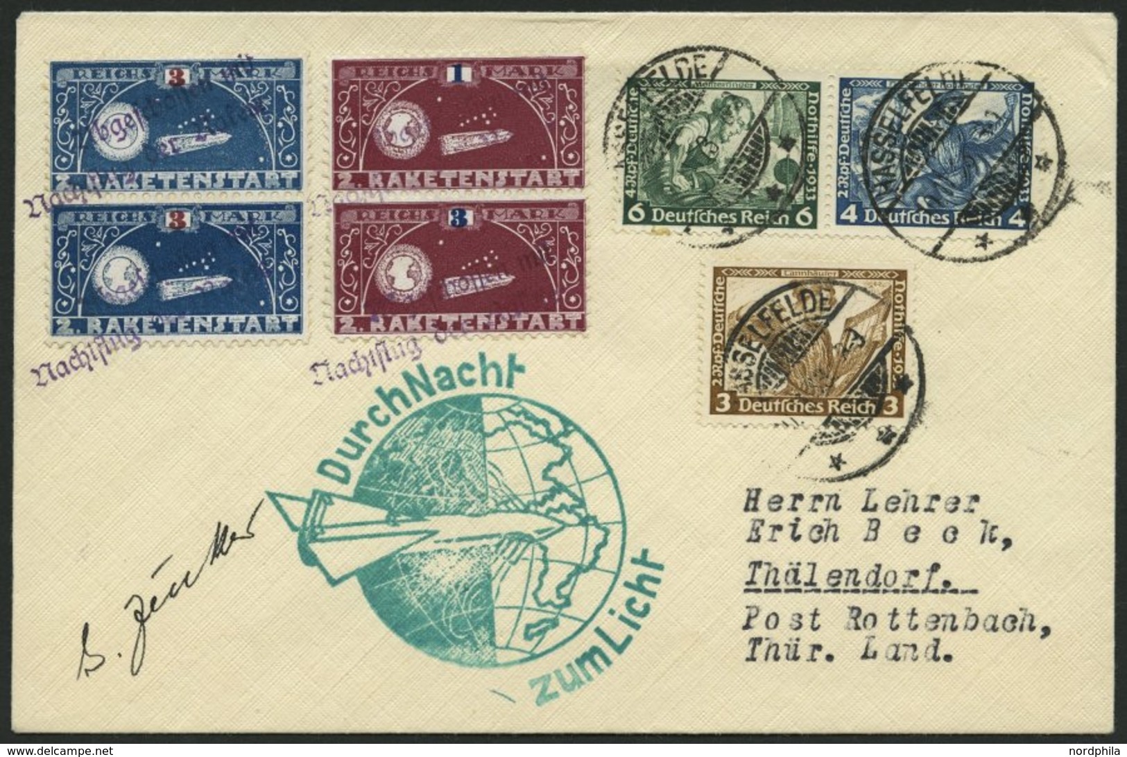 RAKETENPOST 5C1 BRIEF, 10.11.1933, Raketen-Nachtflug Aus Hasselfelde, Frankiert Mit 2 Senkrechten Zusammendruck-Paaren D - Posta Aerea & Zeppelin